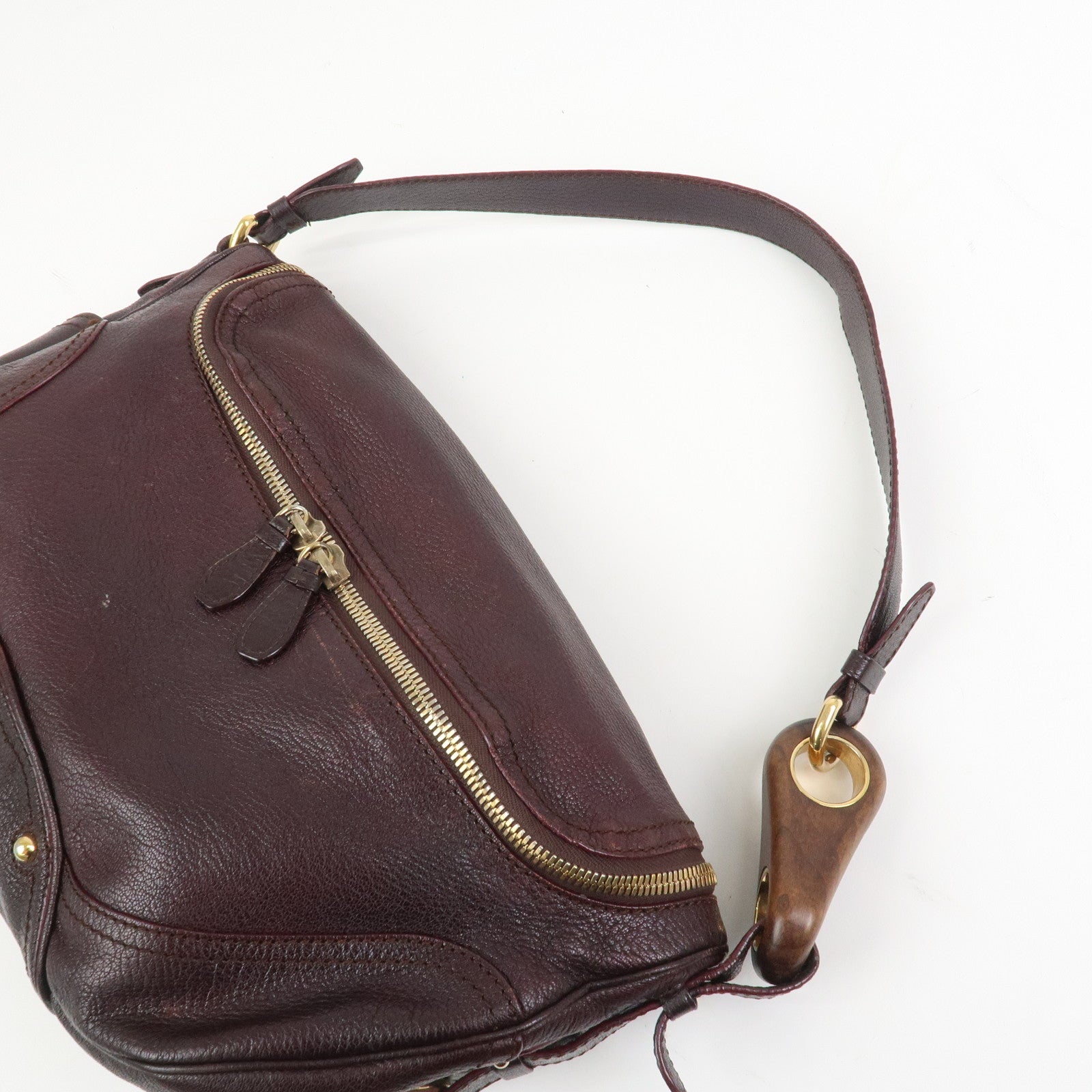 CELINE Macadam Leather Wood Shoulder Bag Hand Bag Brown