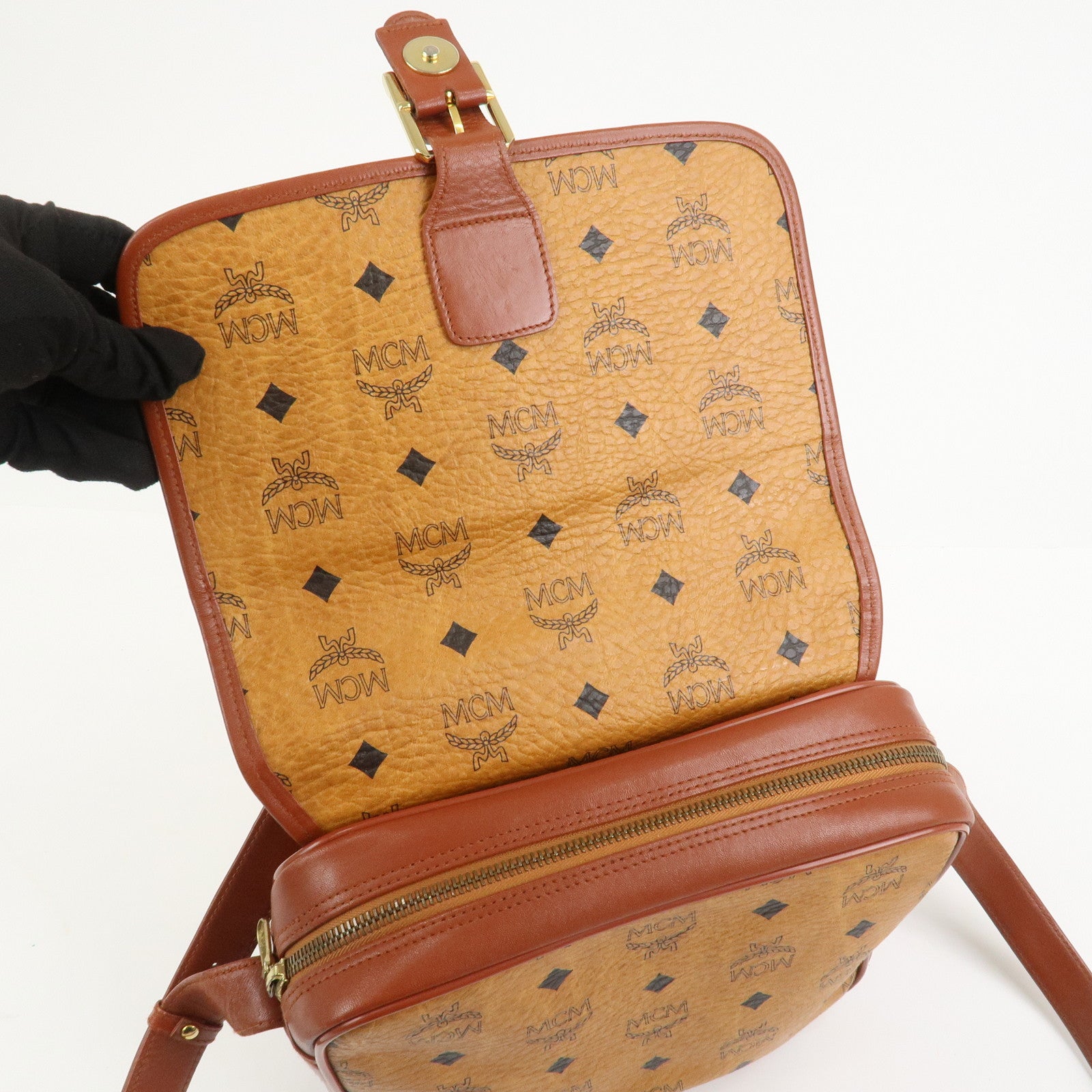 MCM Visetos Leather Shoulder Bag Crossbody Bag Brown