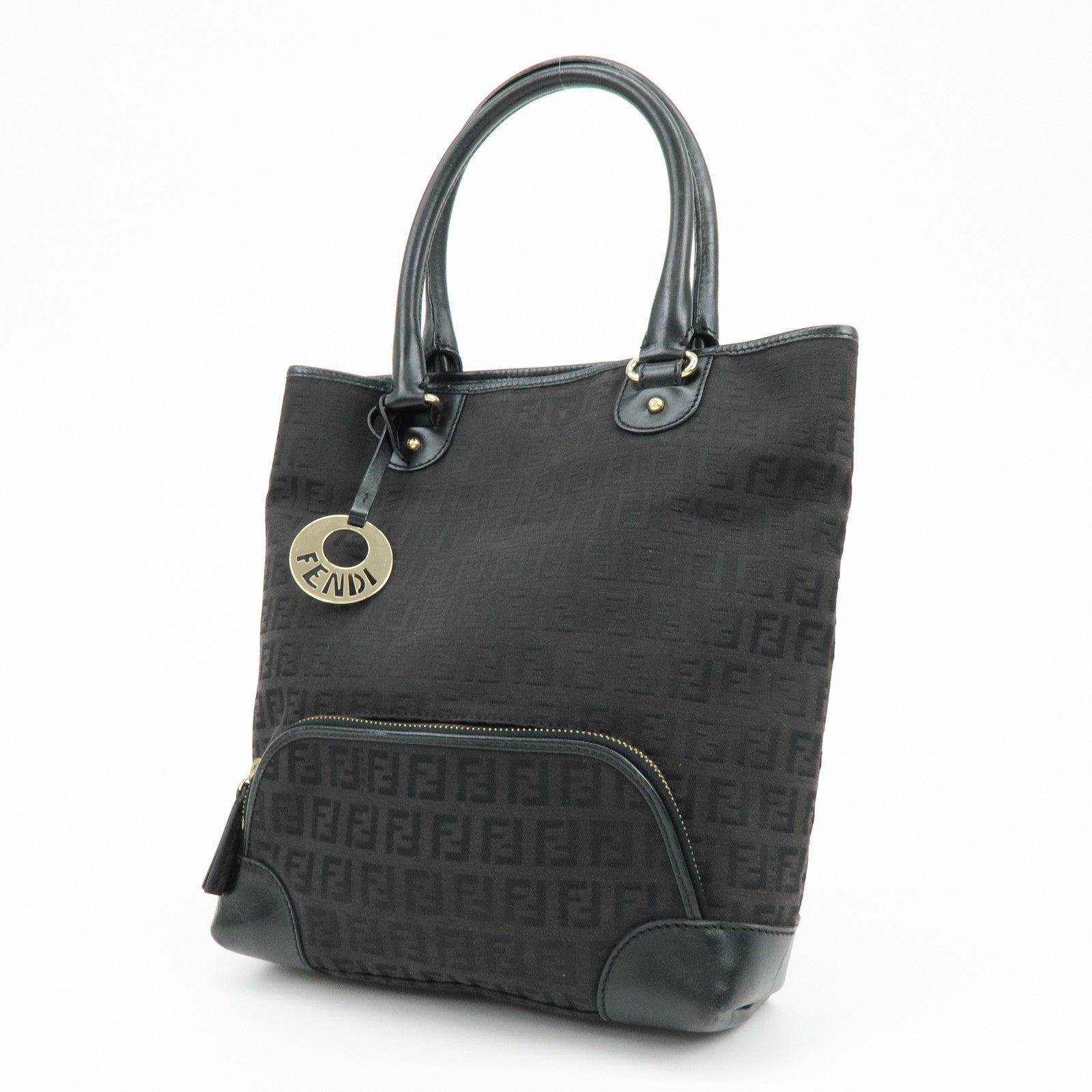 Fendi Zucchino Canvas Leather Hand Bag Tote Bag Black Brown 8BH139
