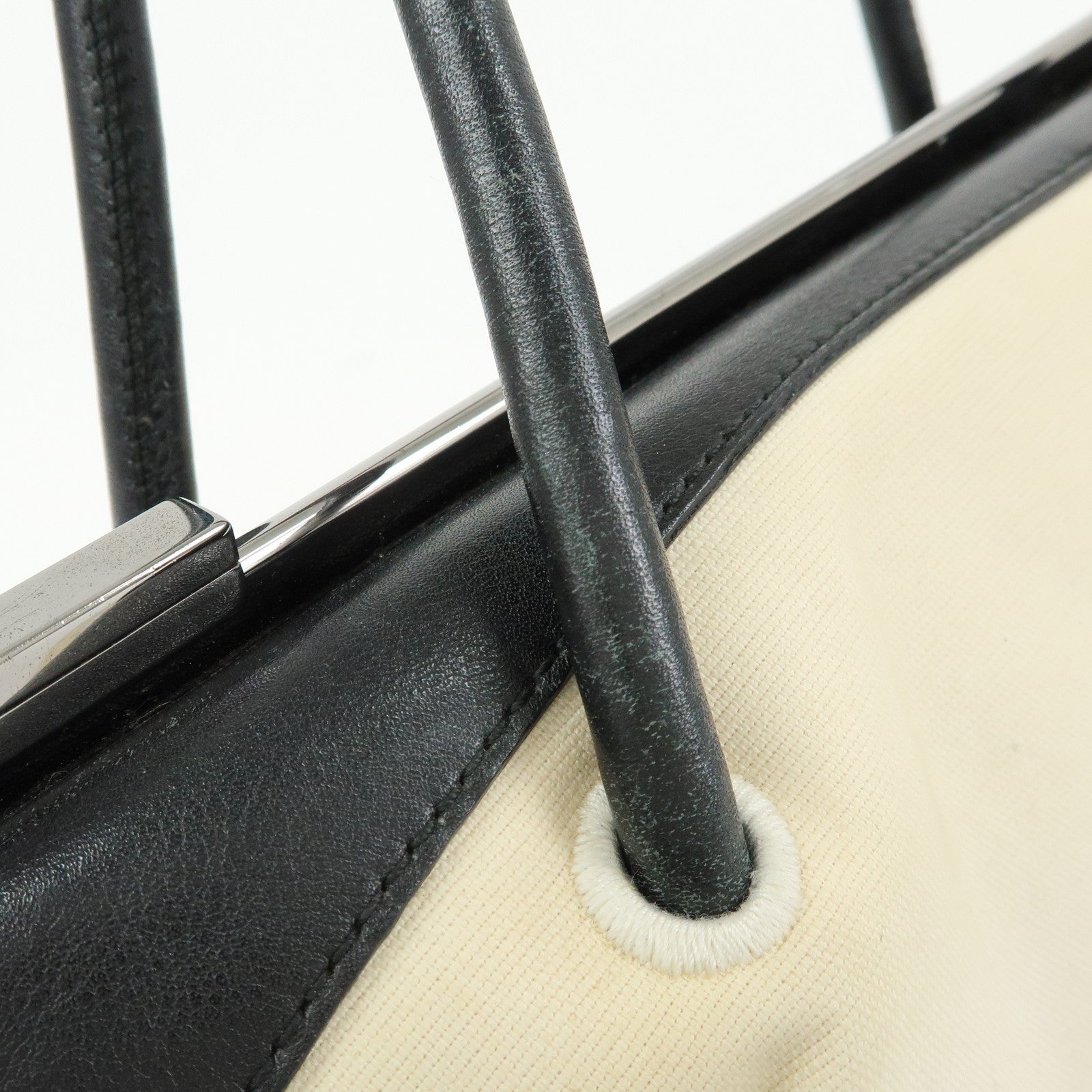 GUCCI Canvas Leather Hand Bag Ivory Black 92726