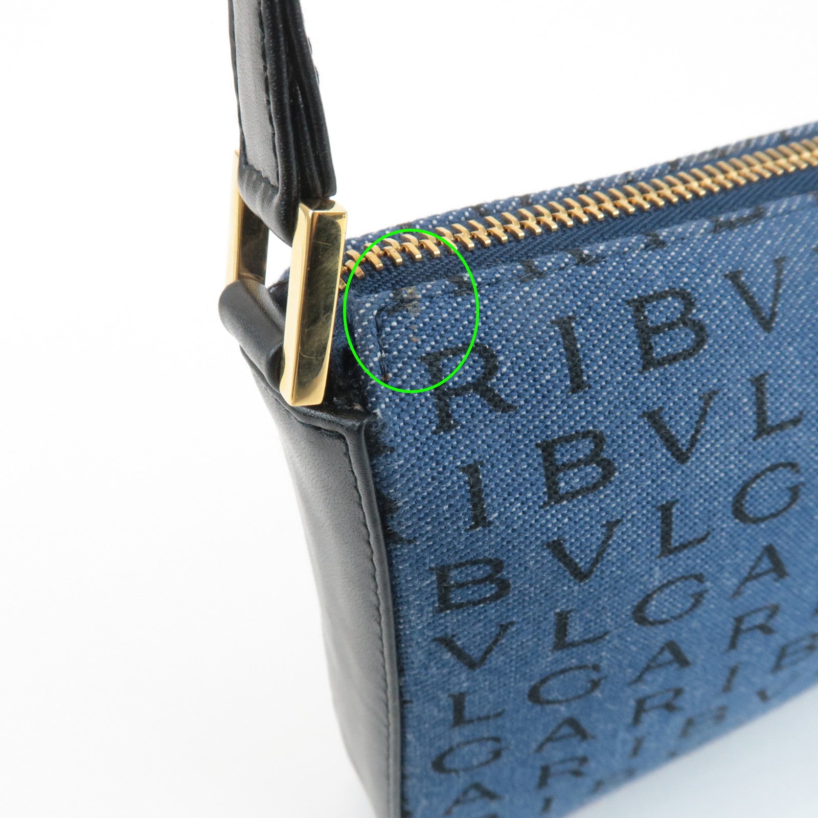 BVLGARI Logo Mania Denim Shoulder Bag Black Navy Blue Used