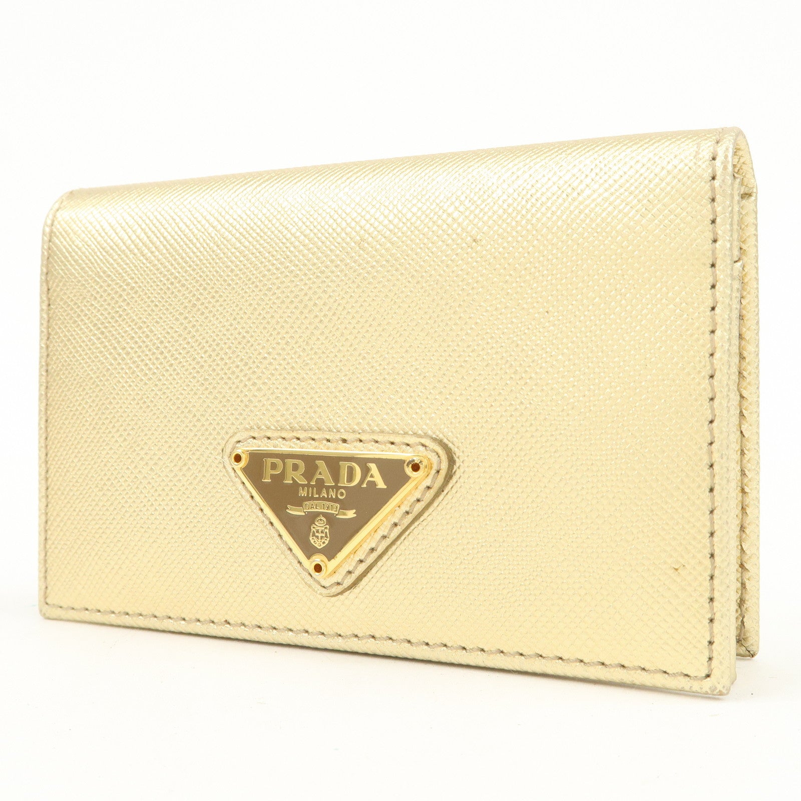 PRADA Triangle Logo Saffiano Leather Card Holder Card Case Gold