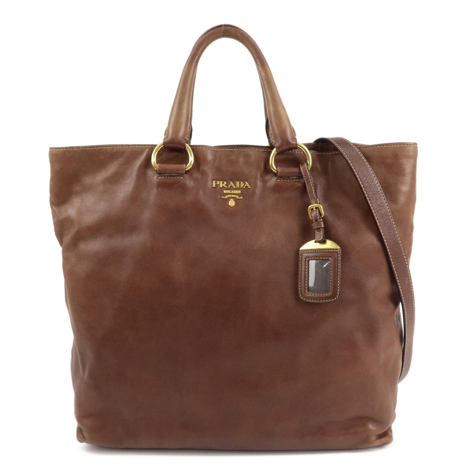 PRADA Logo Leather 2way Shoulder Bag Tote Bag Gold HDW Brown Used