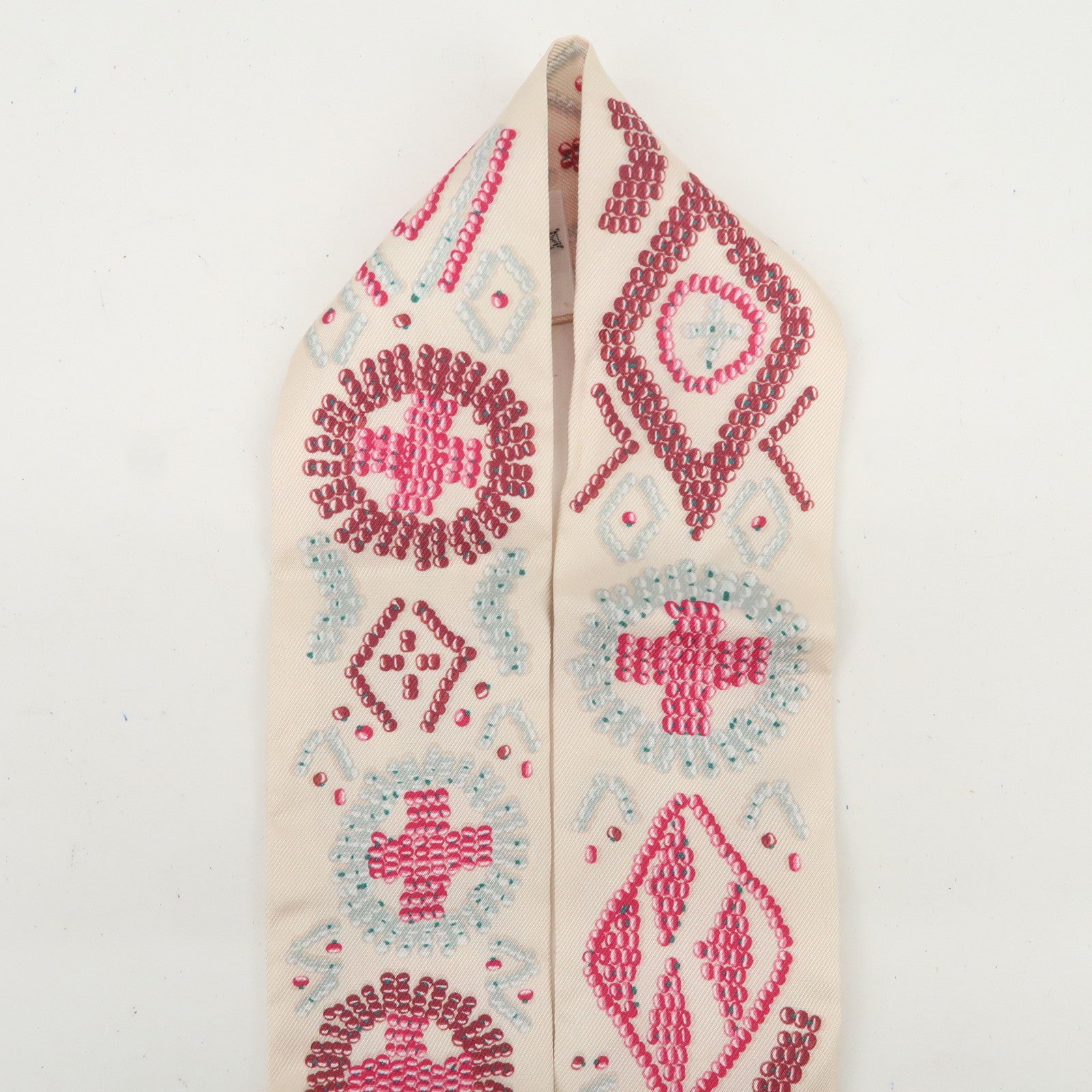 HERMES Twilly Silk 100% KELLY EN PERLES Scarf Ivory Pink