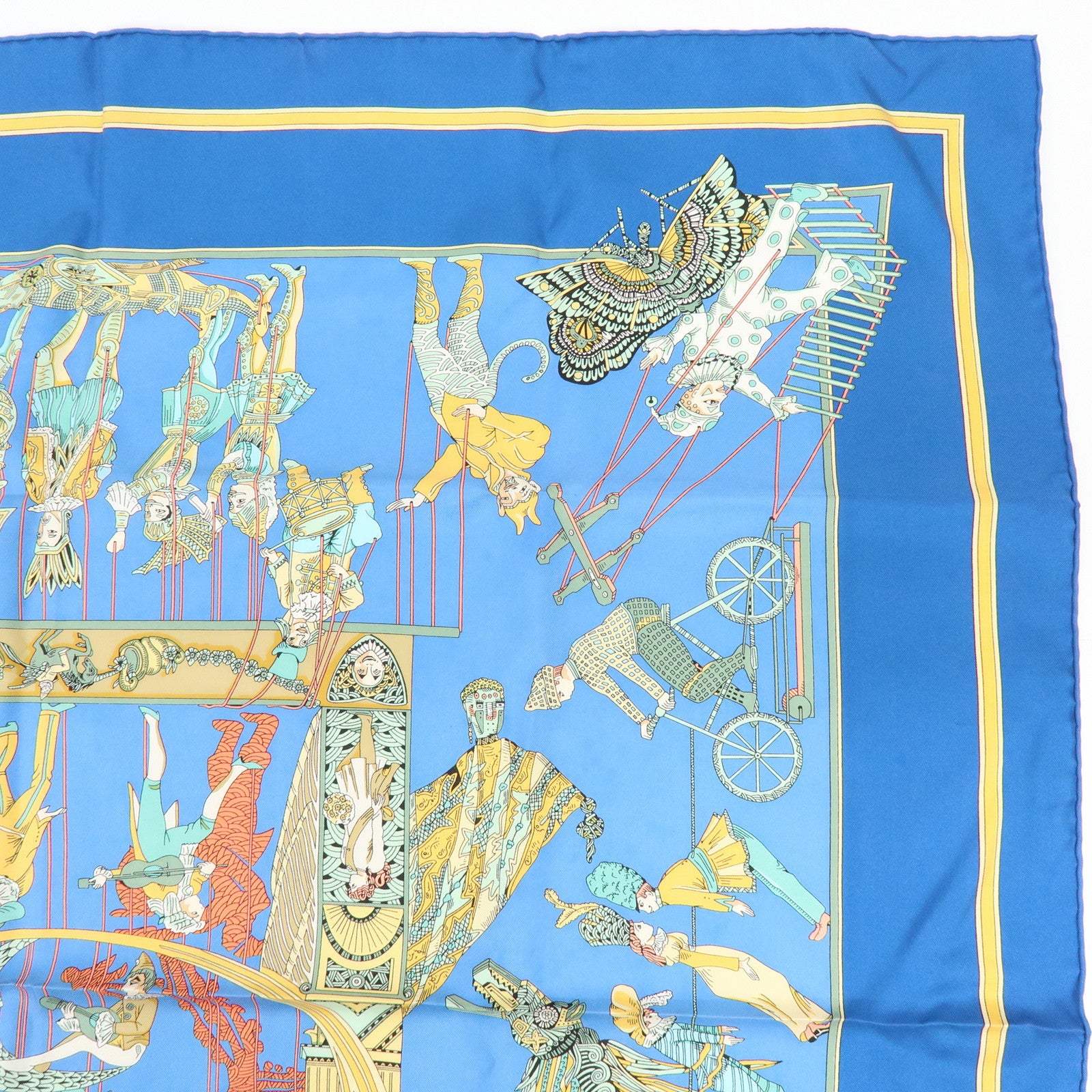 HERMES Carre 90 Silk 100% Scarf LE TEMPS des MARIONNETTES Blue