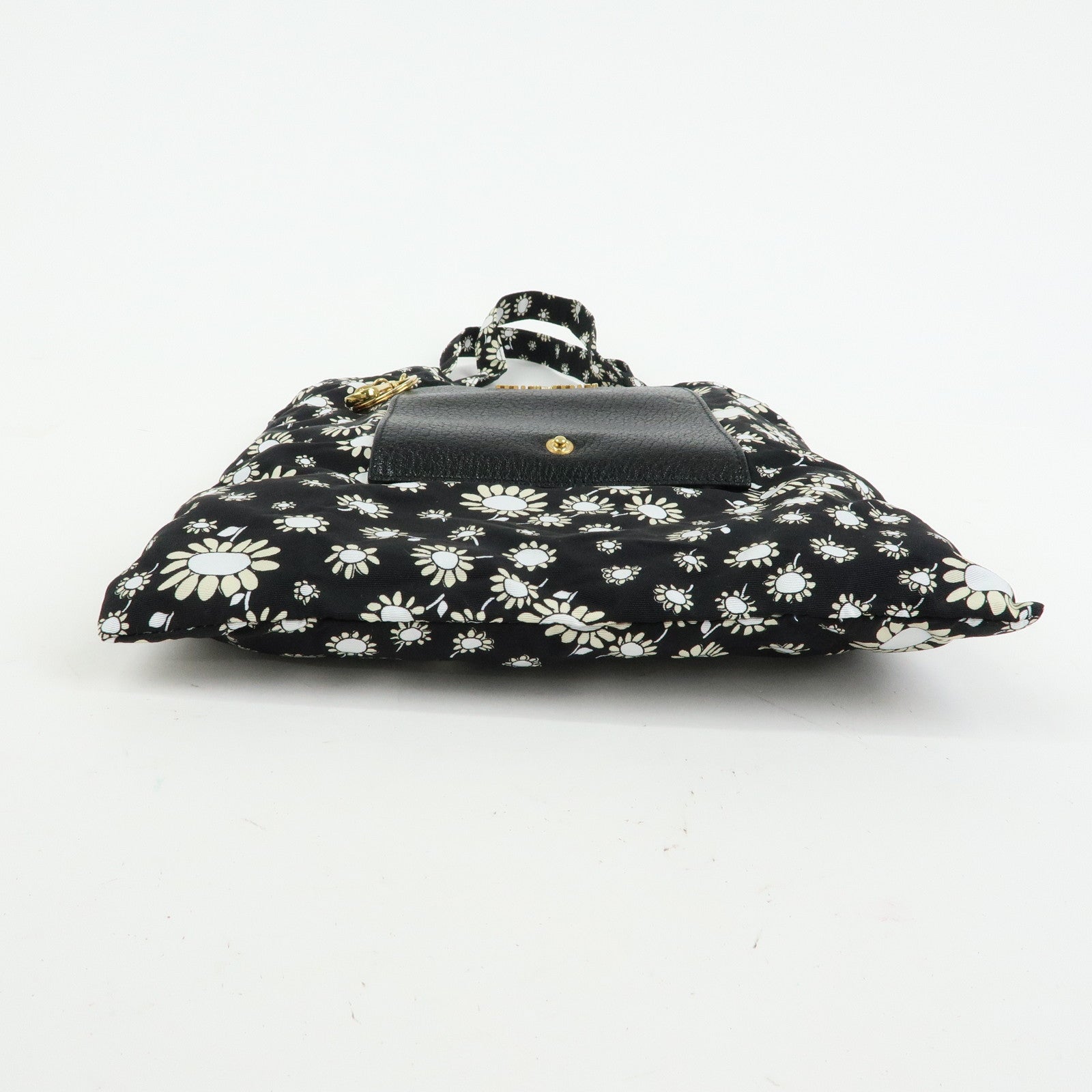 MIU MIU Nylon Leather Tote Bag Eco Bag Hand Bag Flower Print Black