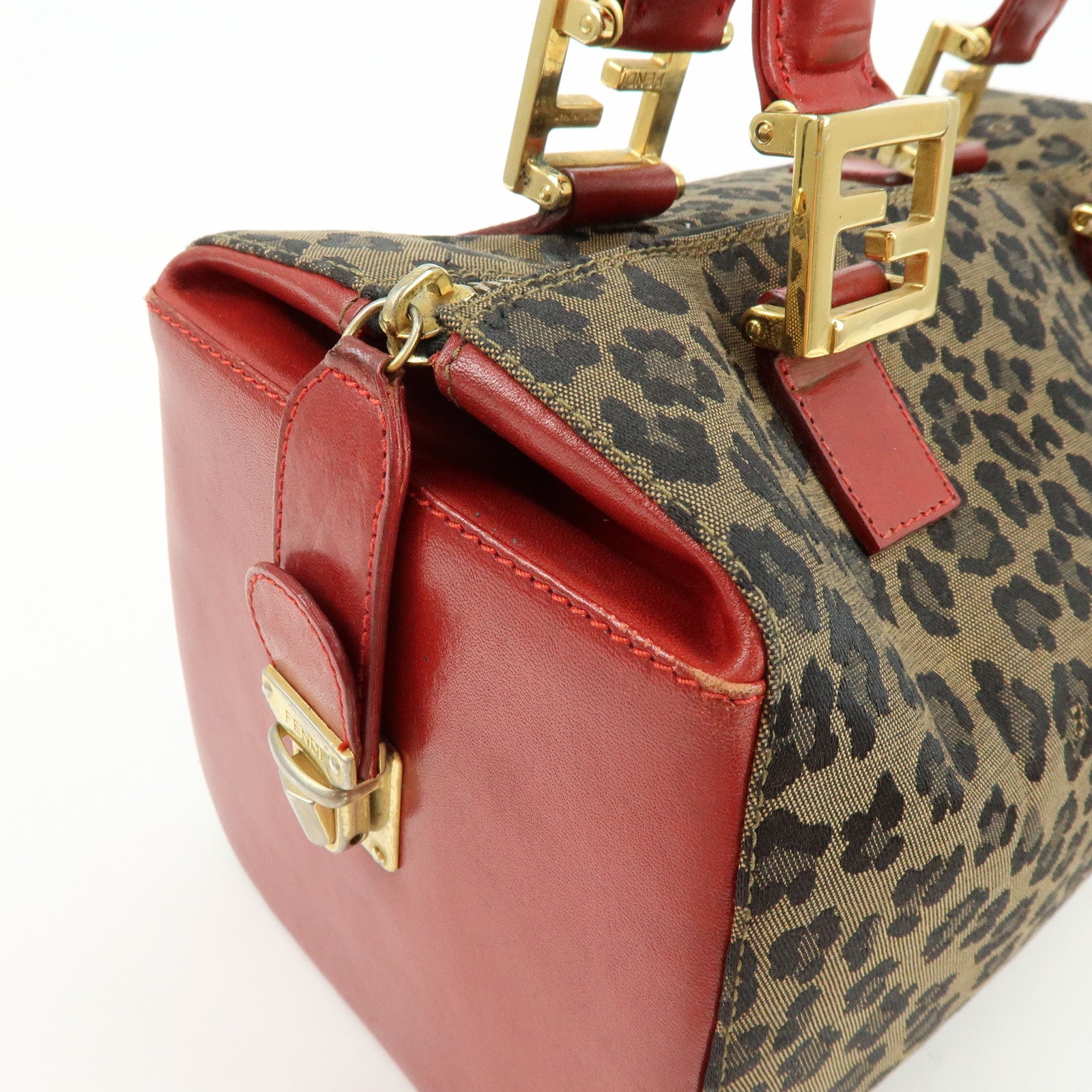 FENDI Canvas Leather Hand Bag Boston Bag Leopard Brown Red