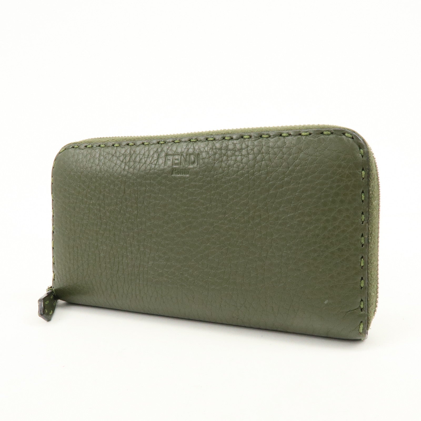 FENDI Selleria Leather Zippy Long Wallet Khaki 8M0299
