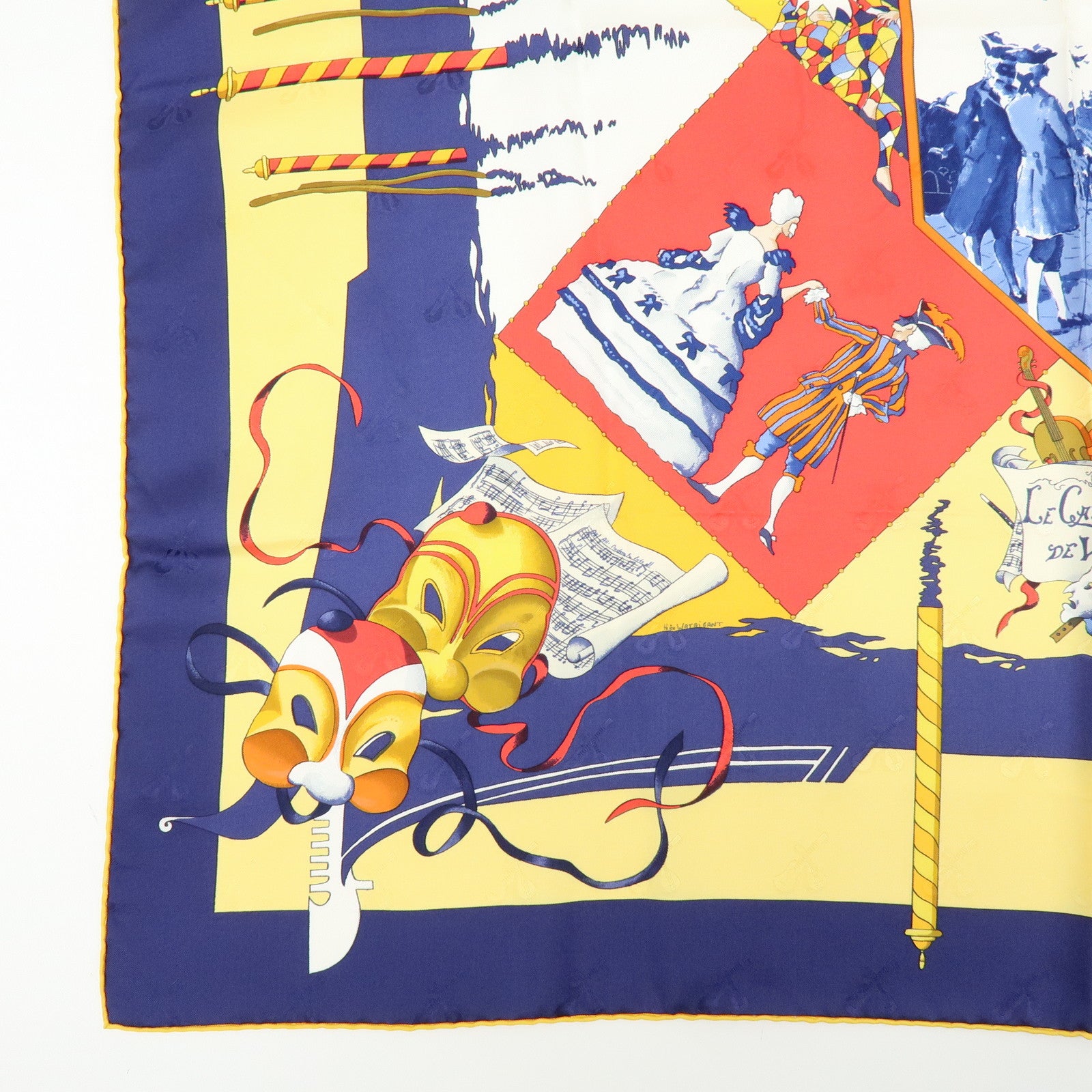 HERMES Carre 90 Silk 100% Scarf LE CARNAVAL DE VENISE Yellow Navy