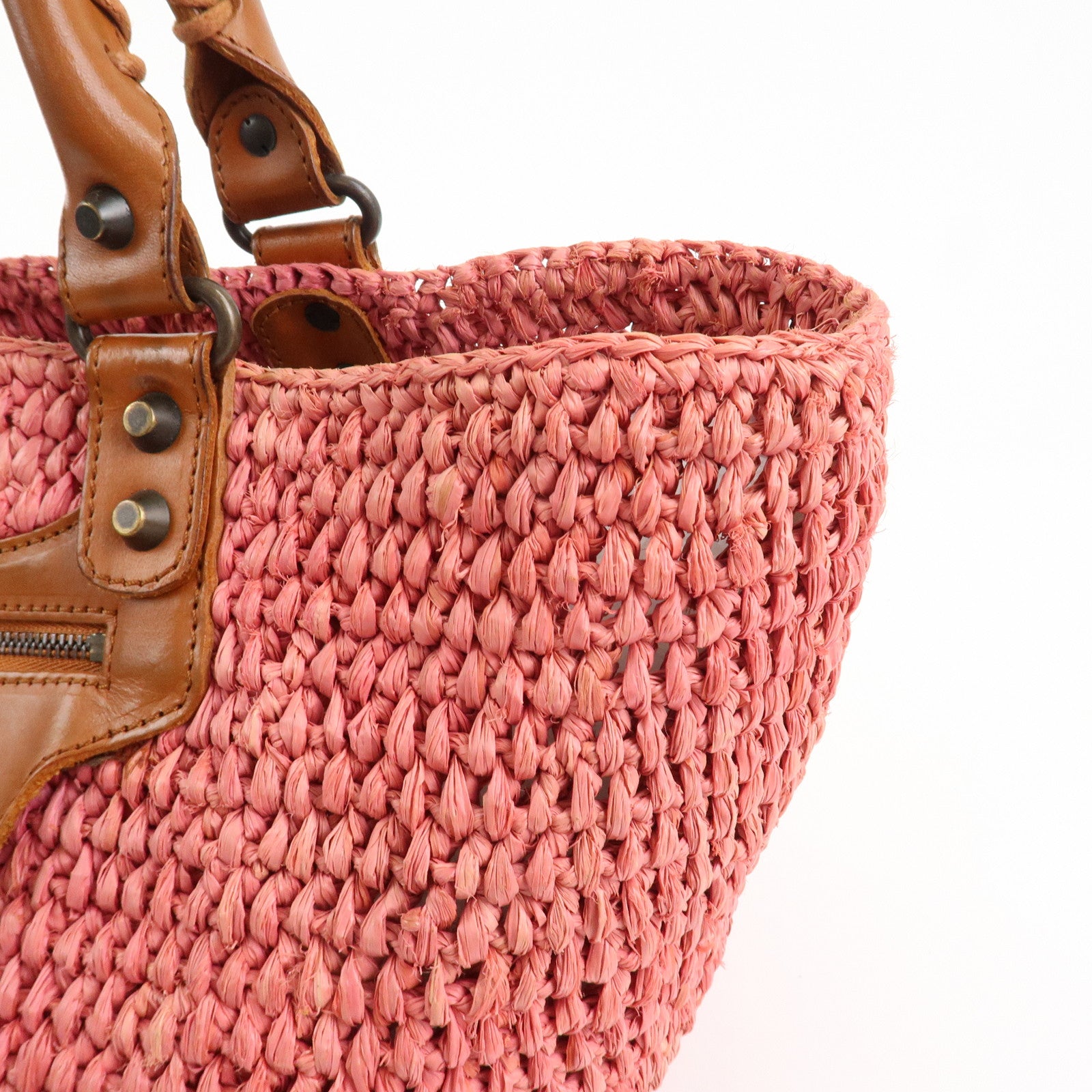 BALENCIAGA Straw Tote Bag Shoulder Bag Brown Pink 236741 Used