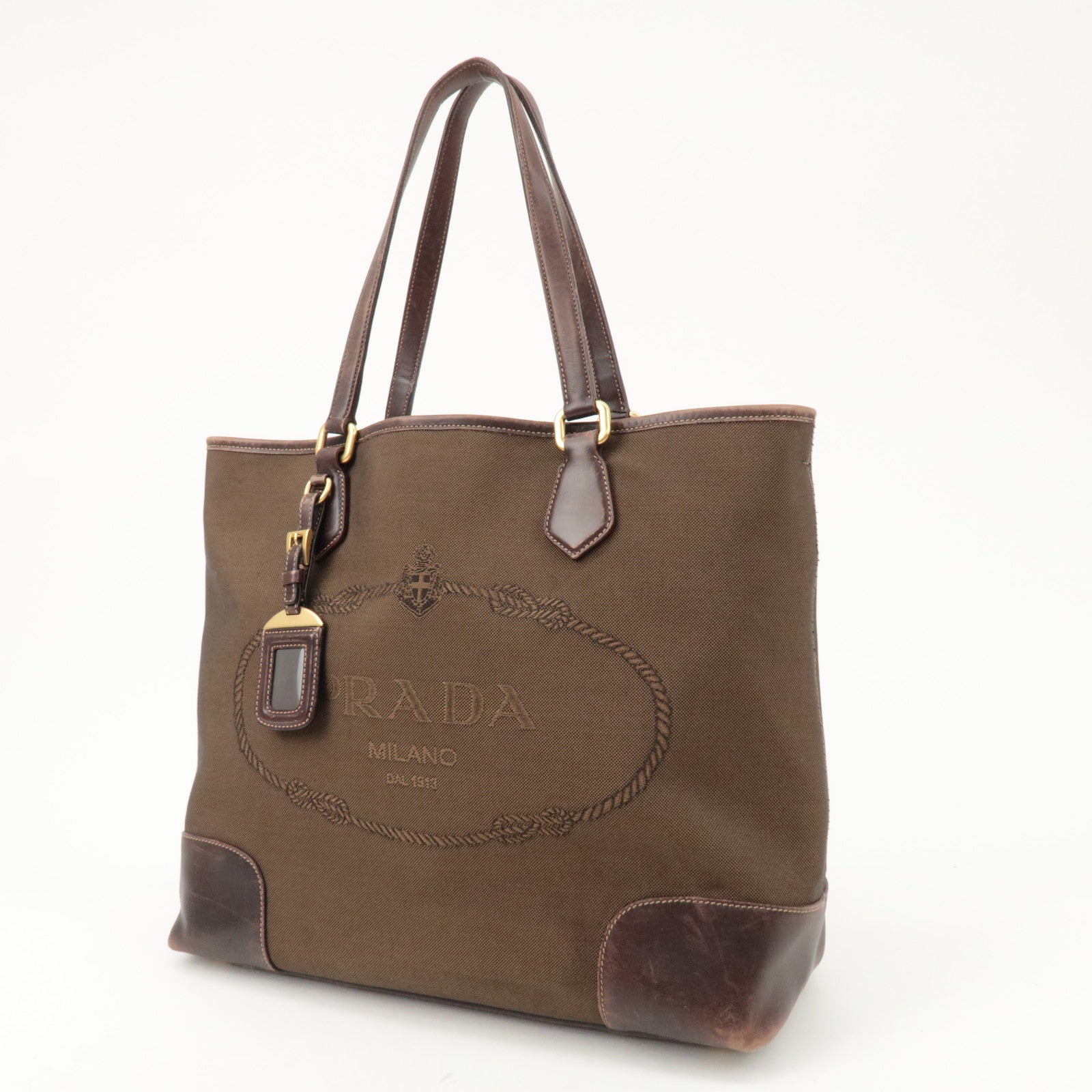 PRADA Triangle Logo Jacquard Leather 2Way Bag Tote Bag Brown Used