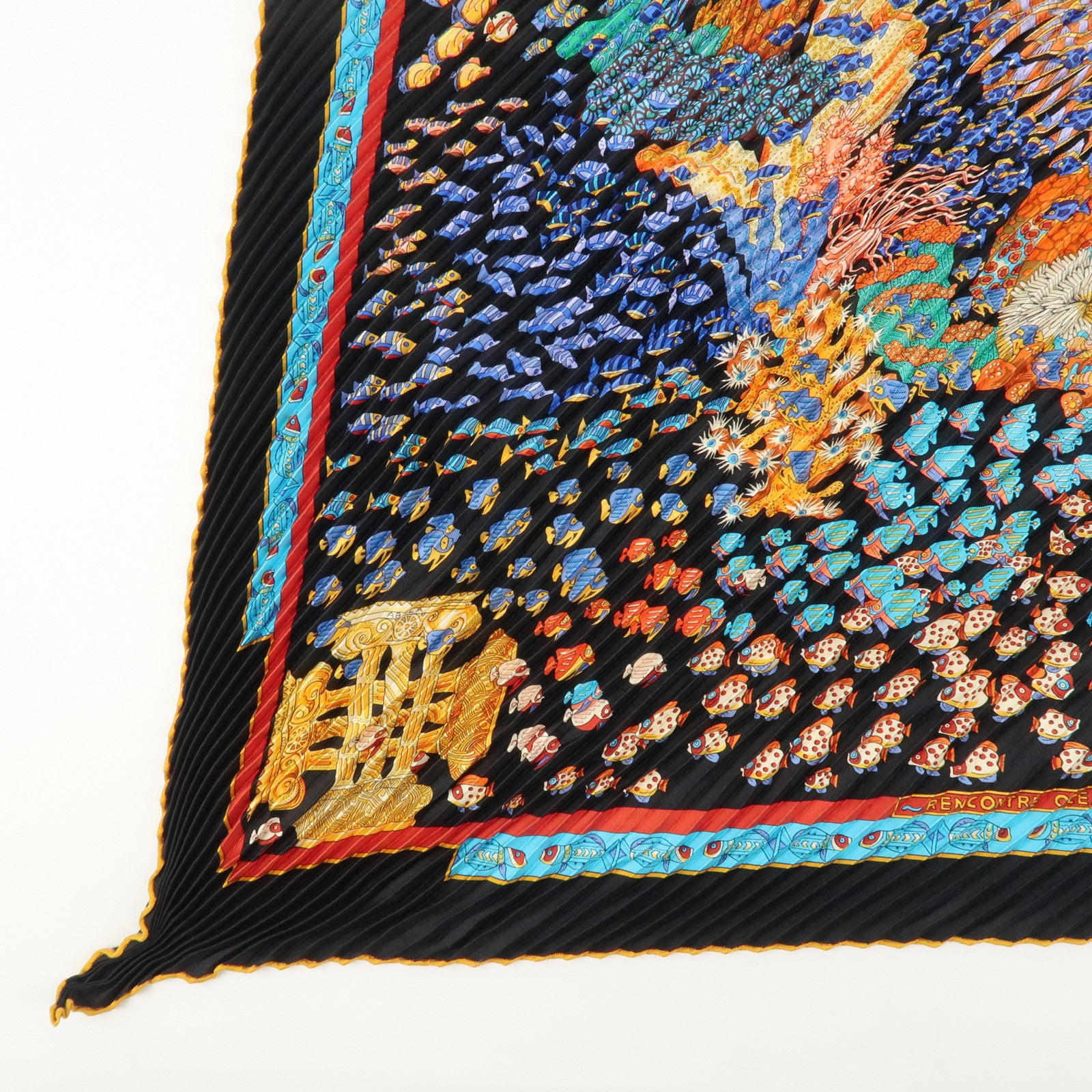 HERMES 100% Silk Pleats Carre Scarf ASTRES et SOLEILS Blue Multi Color Used