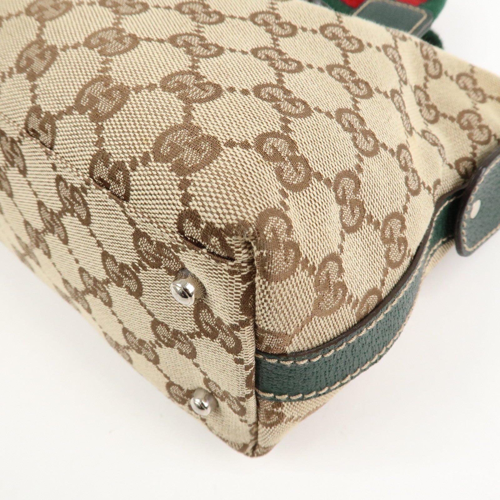 GUCCI Sherry GG Canvas Leather Hand Bag Beige Green 145759