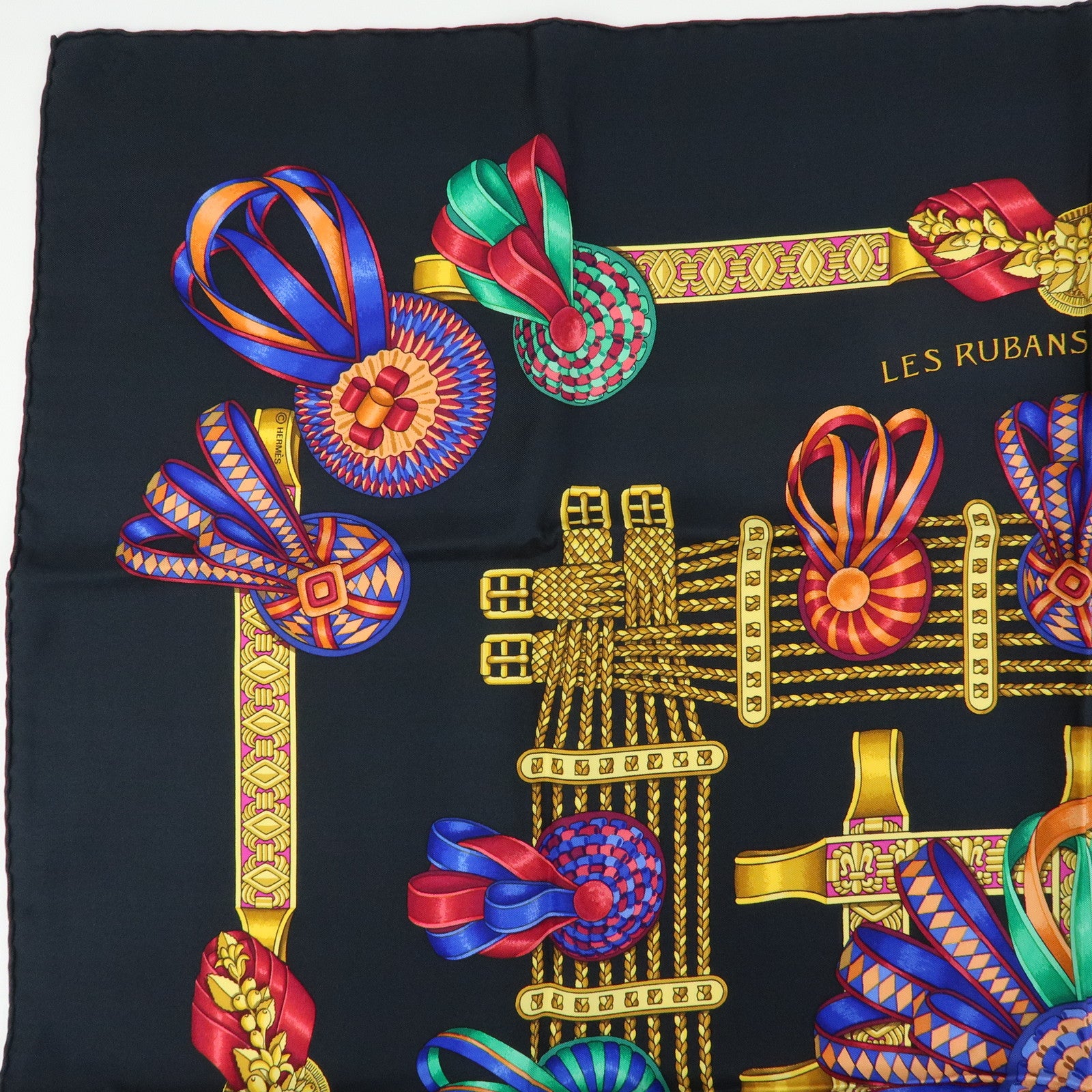 HERMES Carre 90 Silk 100% LES RUBANS DU CHEVAL Scarf Black