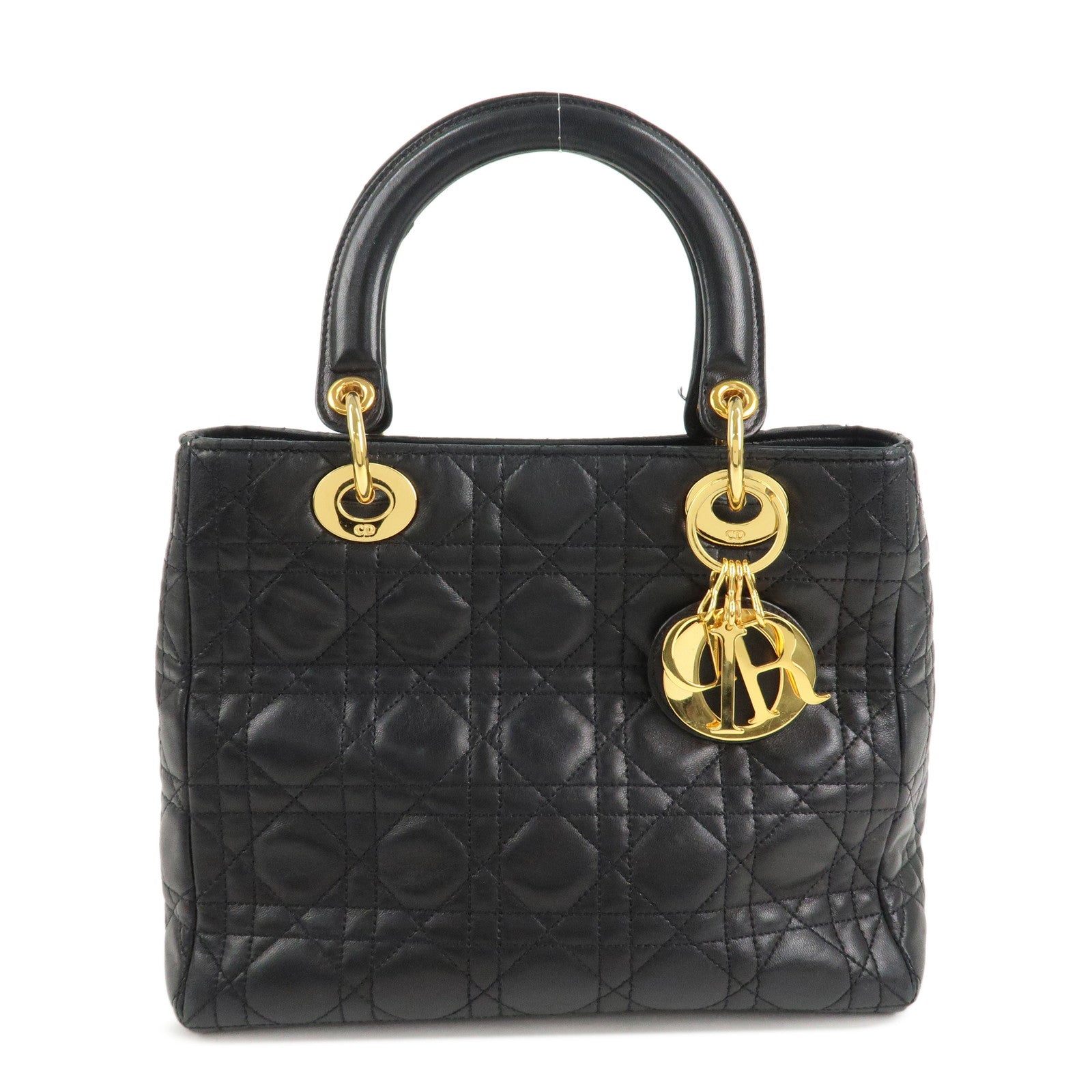 Christian Dior Lady Dior Cannage Leather Hand Bag Black Used