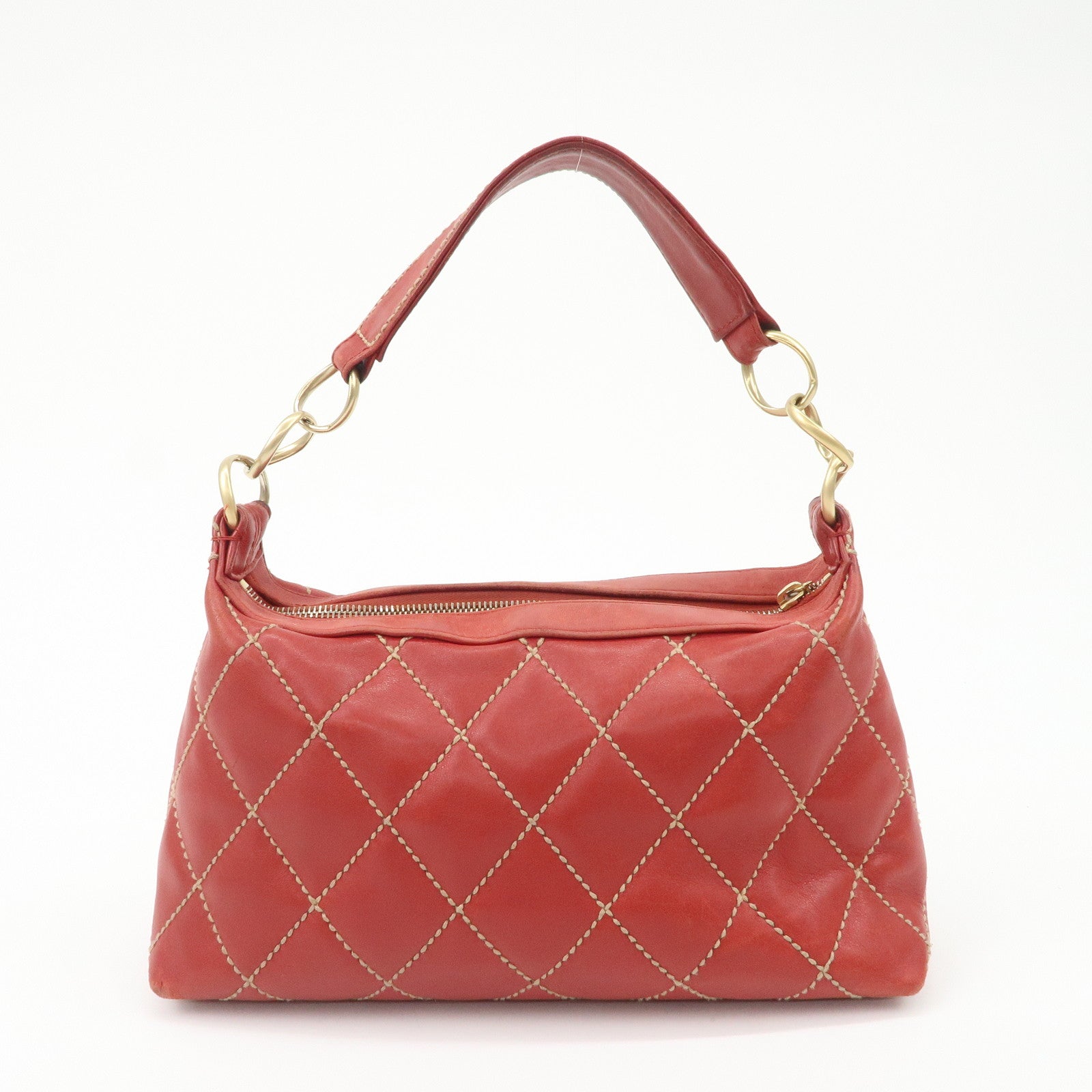 CHANEL COCO Mark Wild Stitch Lamb Skin Leather Hand Bag Red