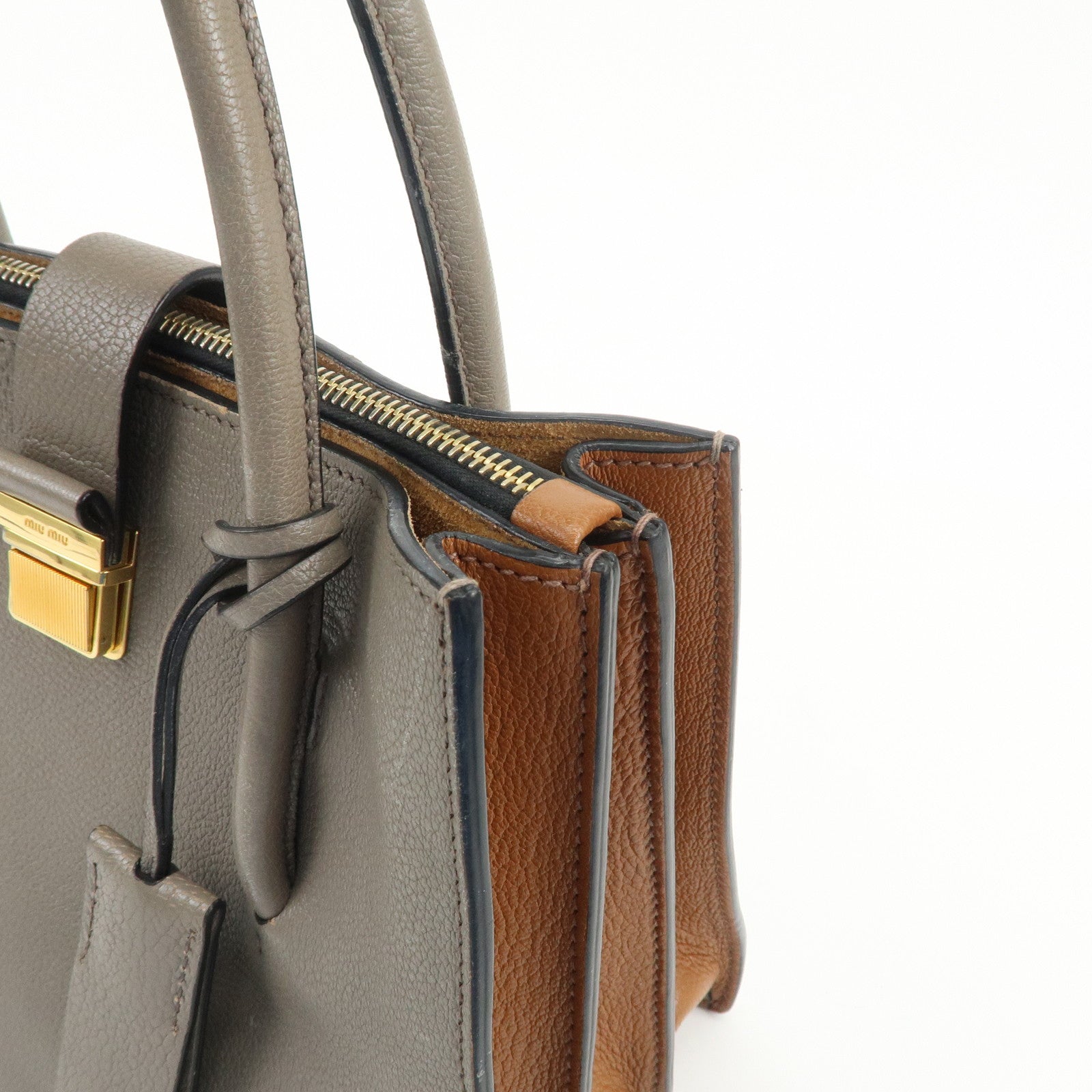 MIU MIU Logo Leather 2Way Bag Hand Bag Shoulder Bag Gray RN1104