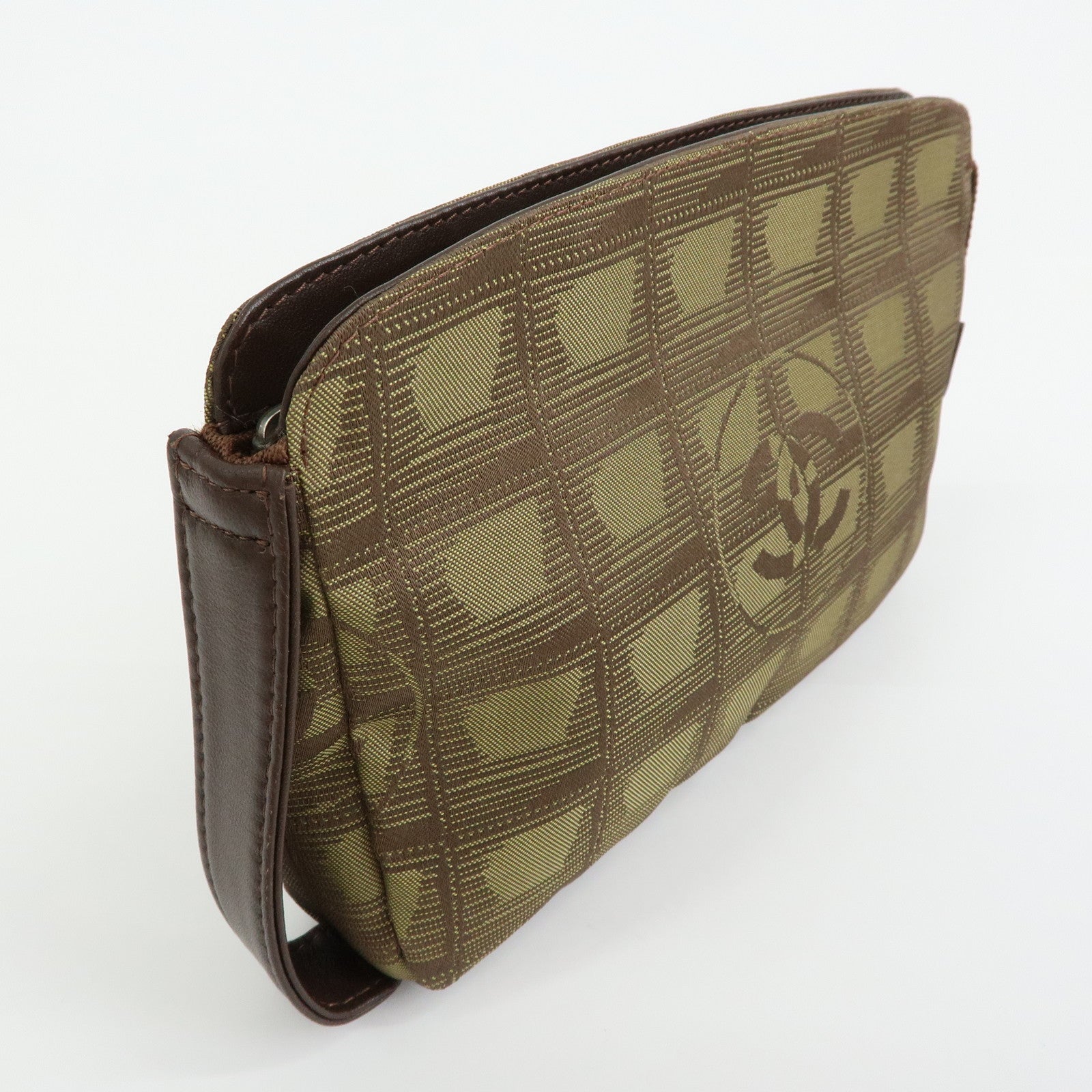CHANEL New Travel Line Nylon Jacquard Leather Cosmetic Pouch Khaki