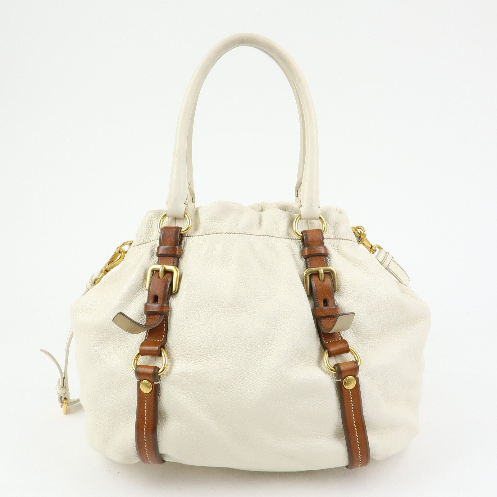 PRADA Leather 2Way Bag Hand Bag Shoulder Bag Ivory Brown BN1773