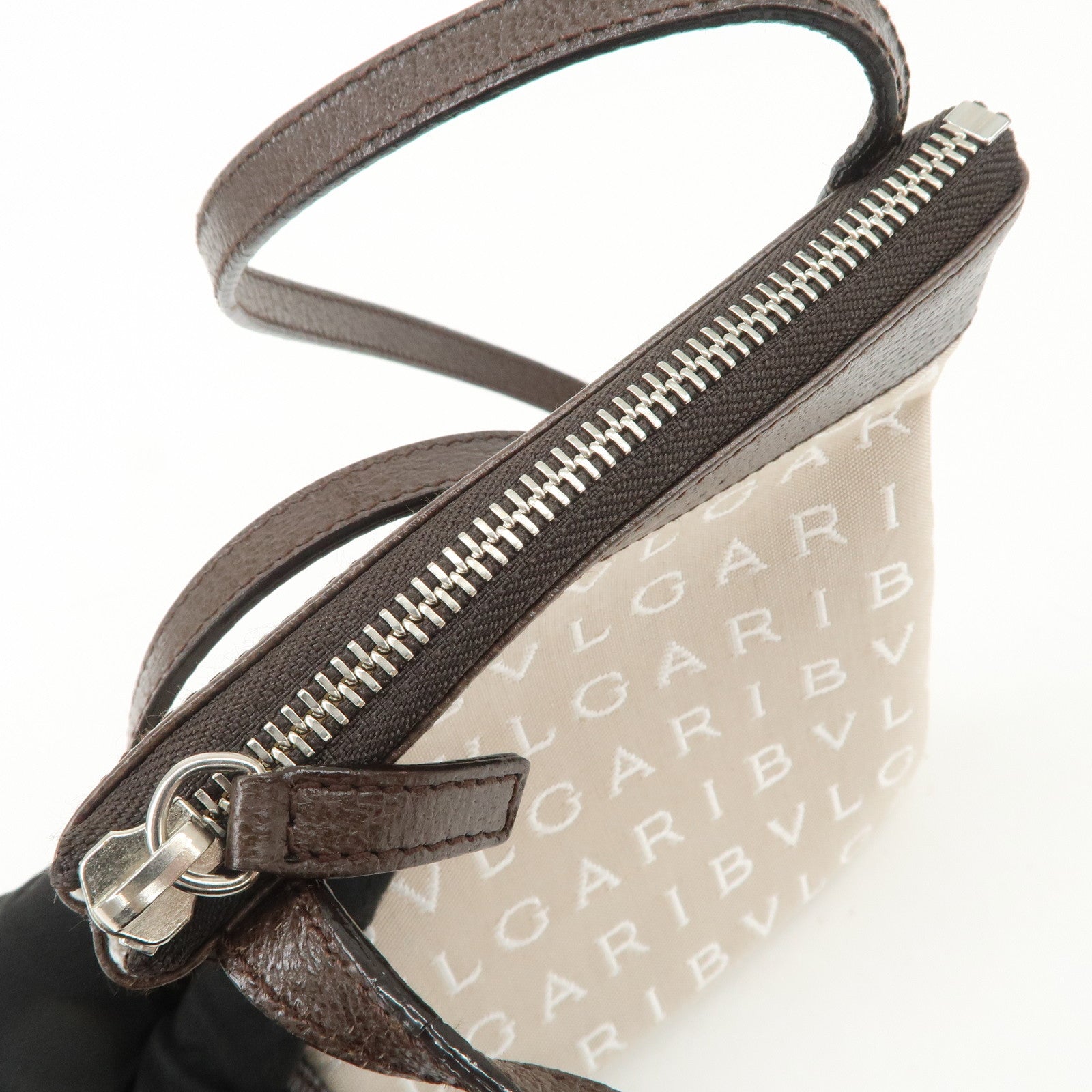 BVLGARI Logo Mania Canvas Leather Shoulder Bag Beige Dark Brown