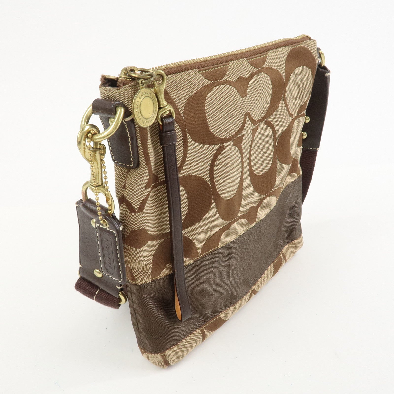 COACH Signature Canvas Leather Shoulder Crossbody Bag Beige Brown