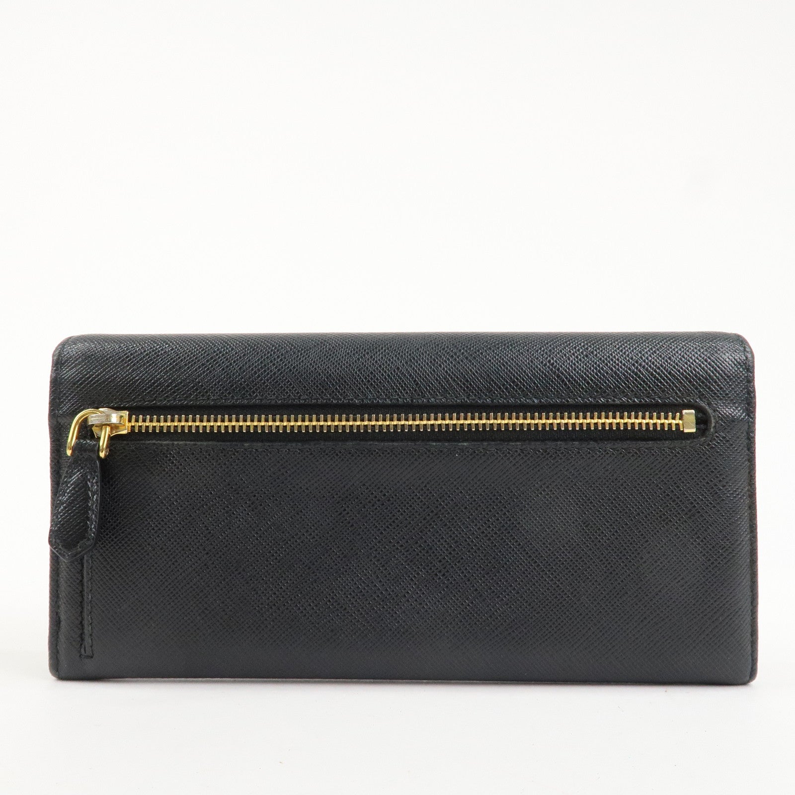 PRADA Saffiano Leather Flap Bi-Fold Long Wallet Black Gold 1MH132 Used