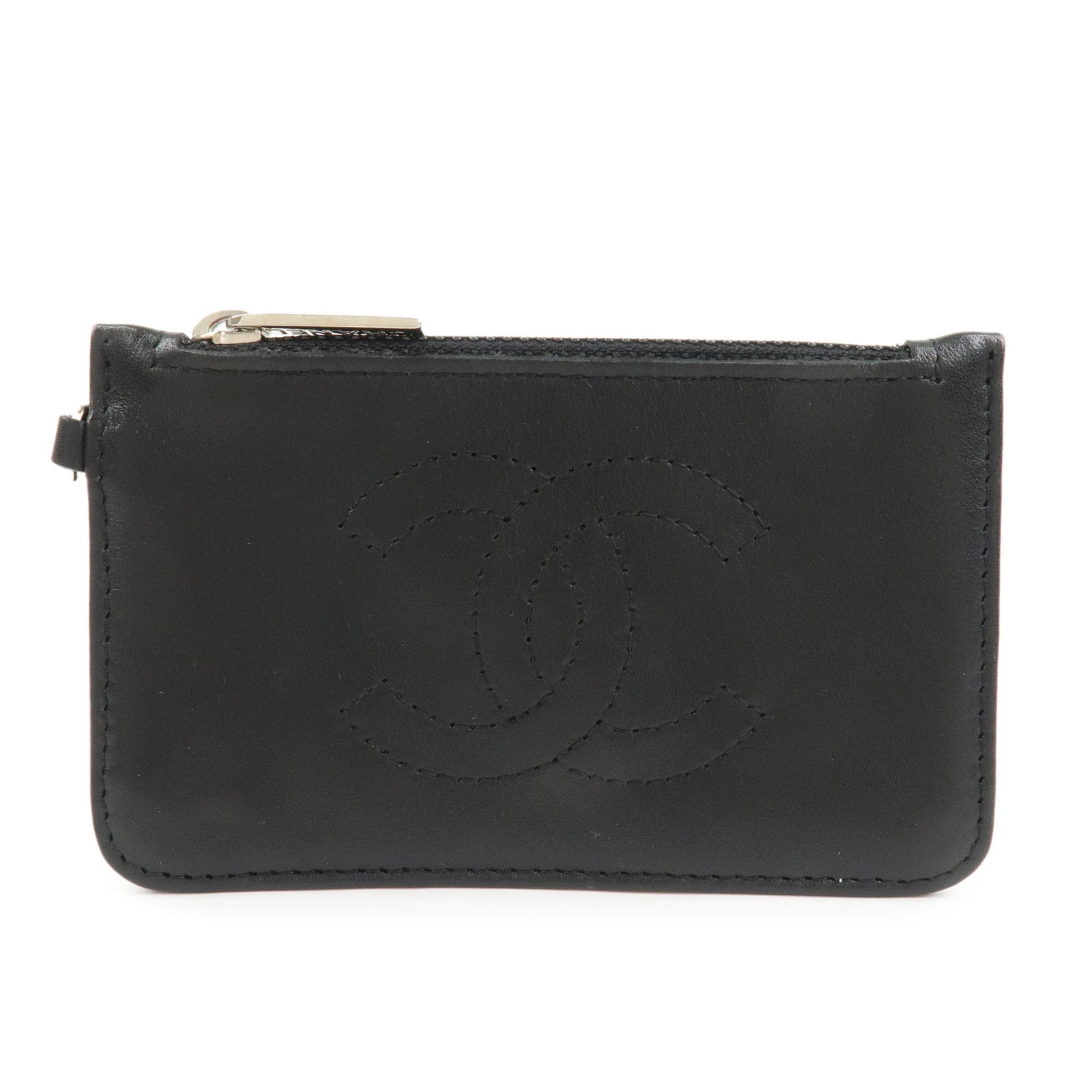 CHANEL COCO Mark Lamb Skin Coin Case Black Silver A25183