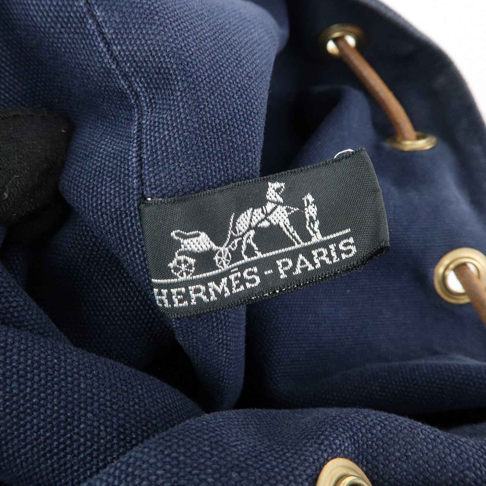 HERMES Canvas Leather Porochon Mimil PM Drawstring Backpack Navy
