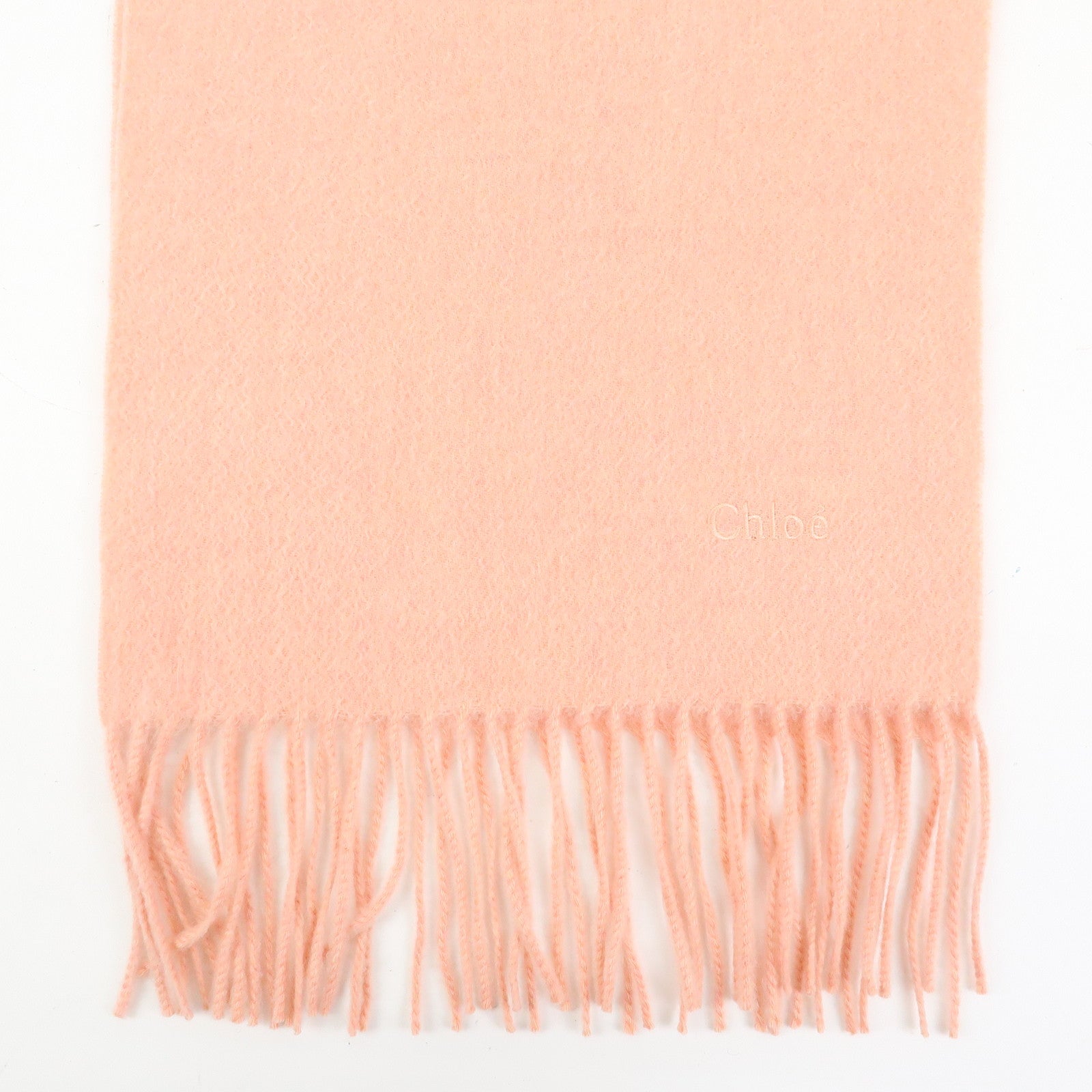 Chloe Cashmere 100% Stole Logo Embroidered Fringe Scarf Pink