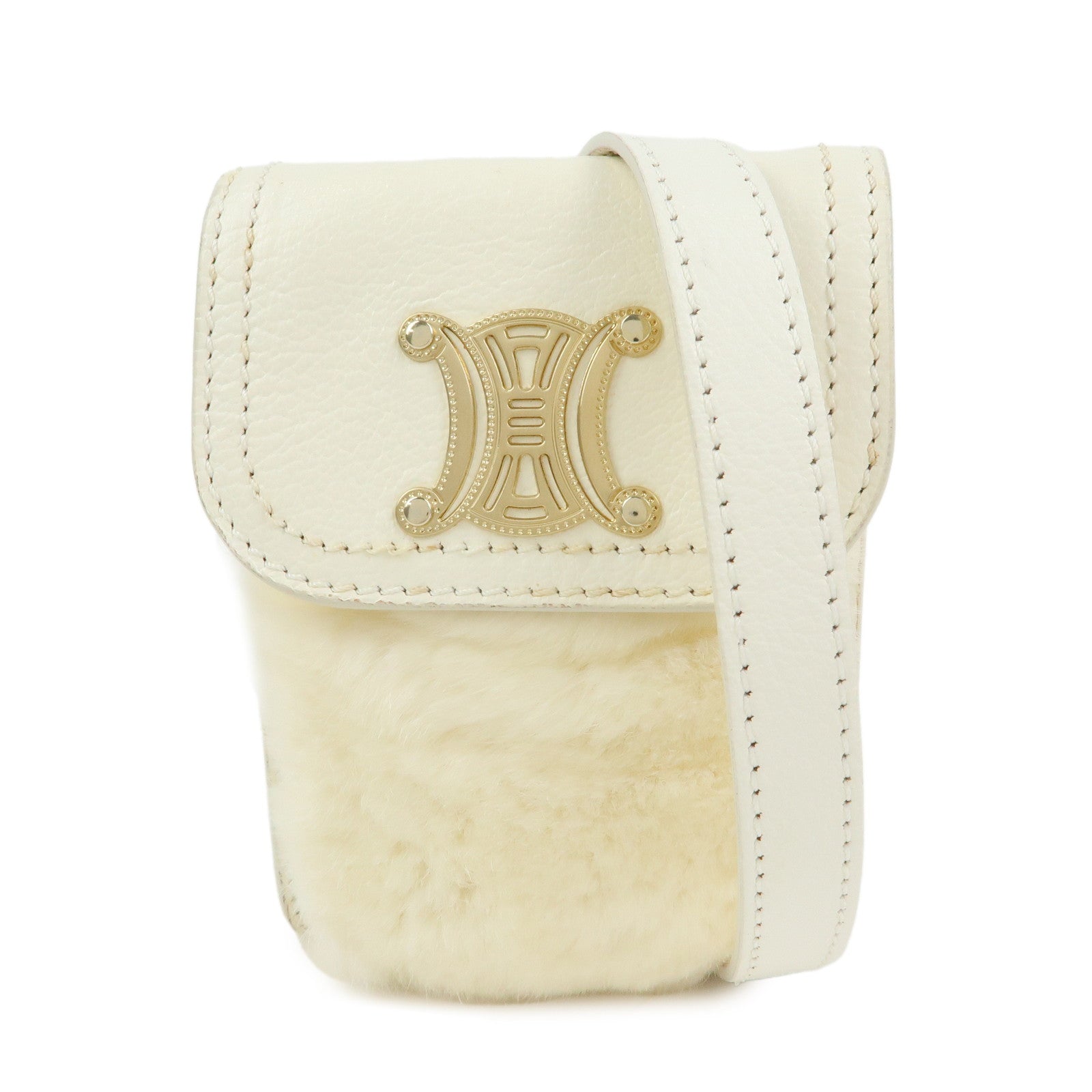 【CELINE】テディベア アイボリー CELINE Triomphe Leather Lapin Fur Shoulder Bag Crossbody Bag Ivory