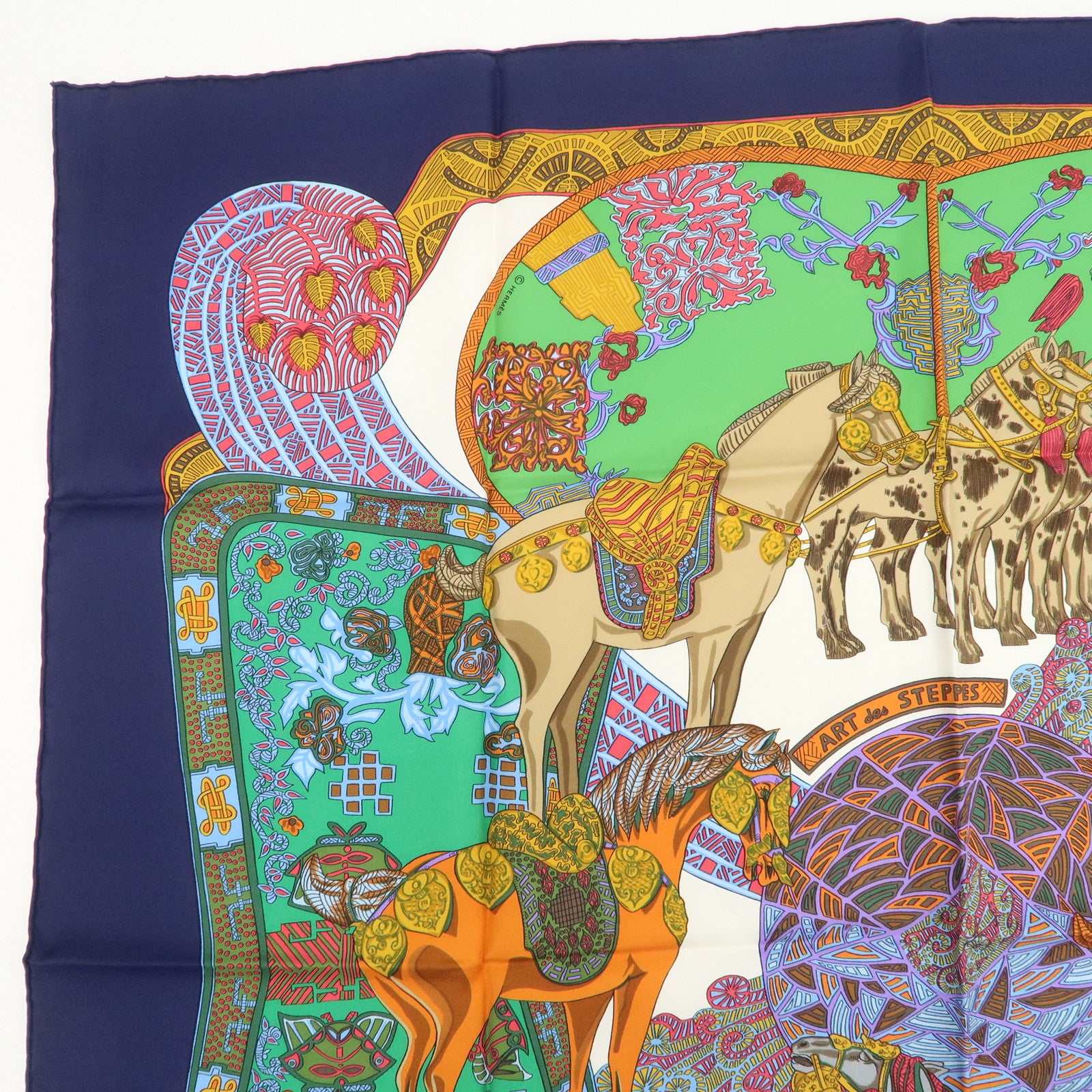 HERMES HERMES Carre 90 Silk 100% Scarf ART des STEPPES Navy