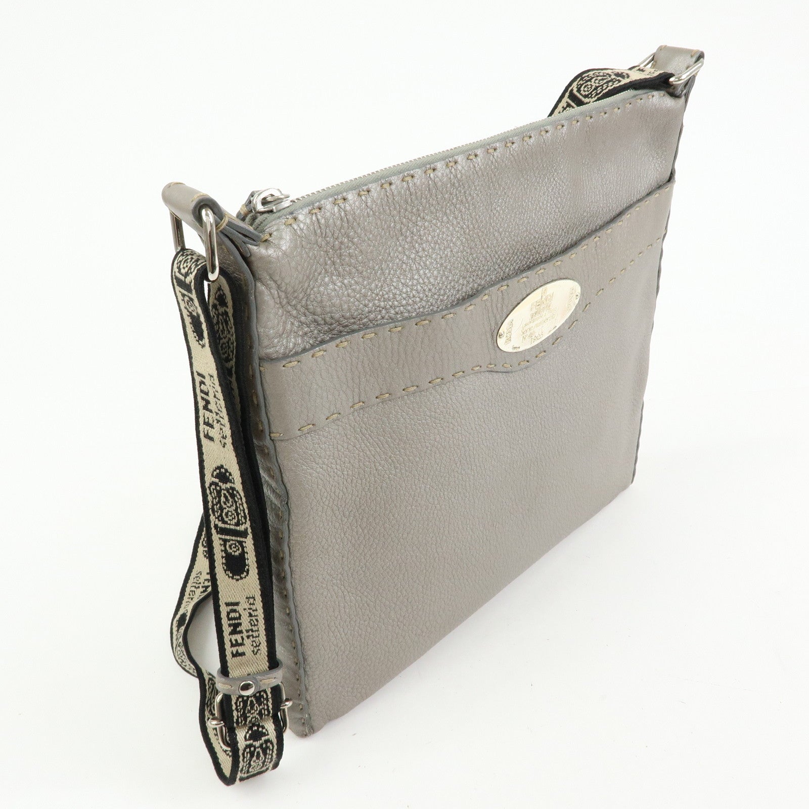 FENDI Selleria Leather Shoulder Crossbody Bag Metallic Grey 8BT109