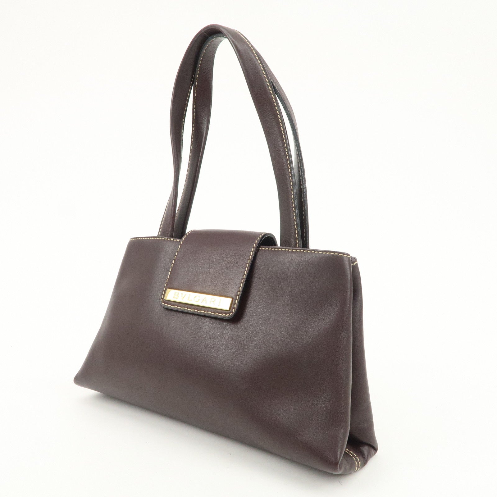 BVLGARI  Leather Tote Bag Hand Bag Dark Brown Gold HDW Used