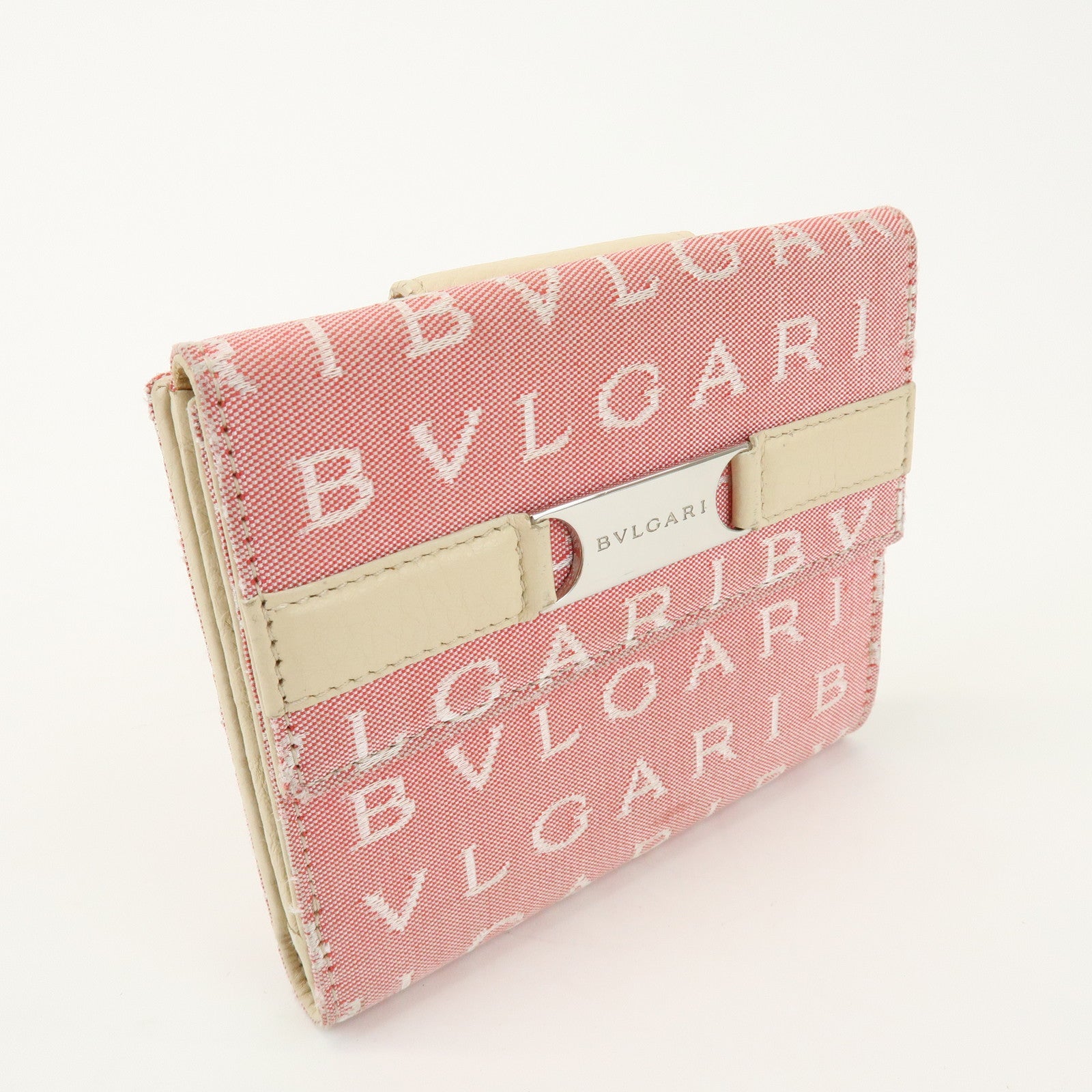 BVLGARI Logo Mania Canvas Leather Compact Wallet Pink Ivory