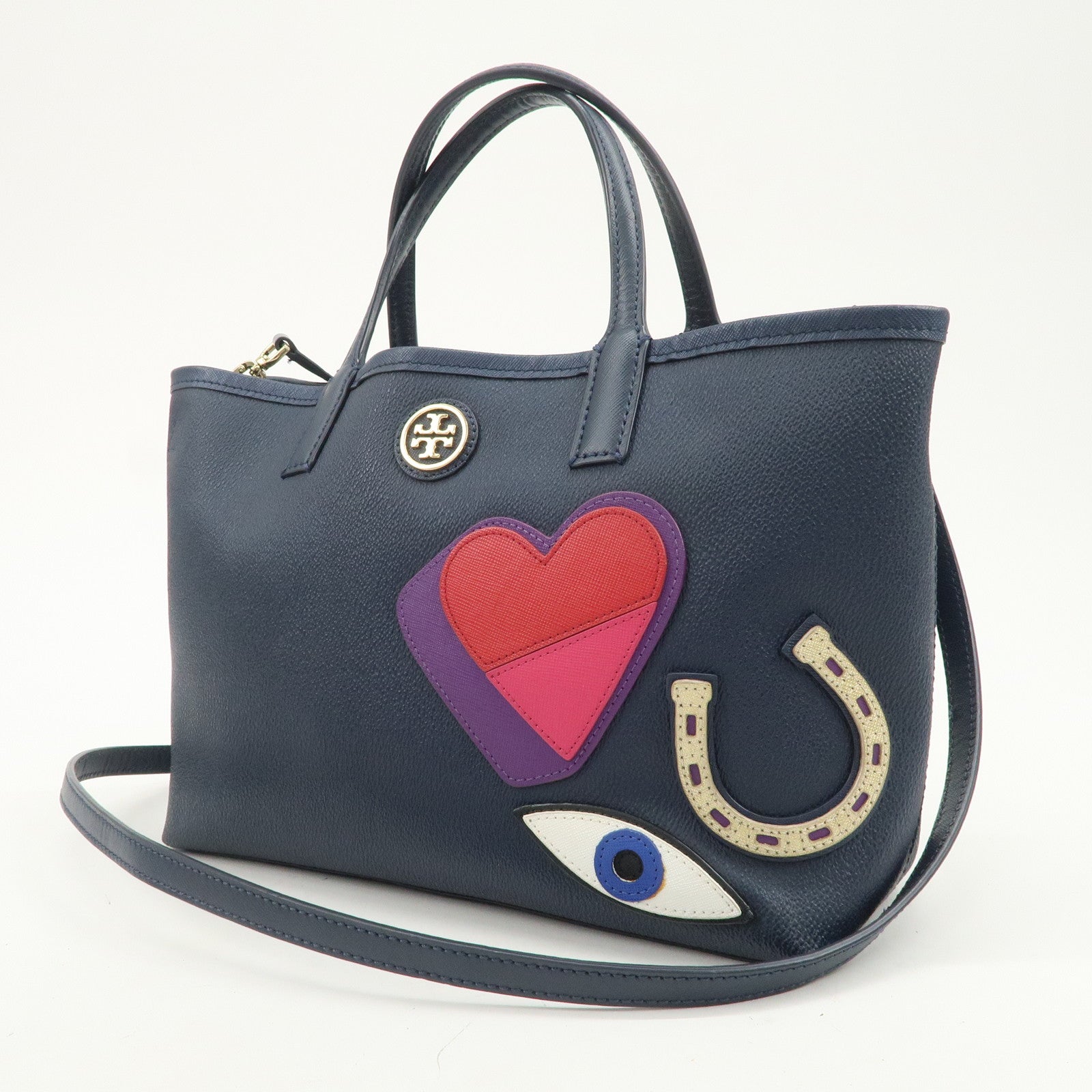 TORY BURCH Leather Tote Bag Hand Bag Navy
