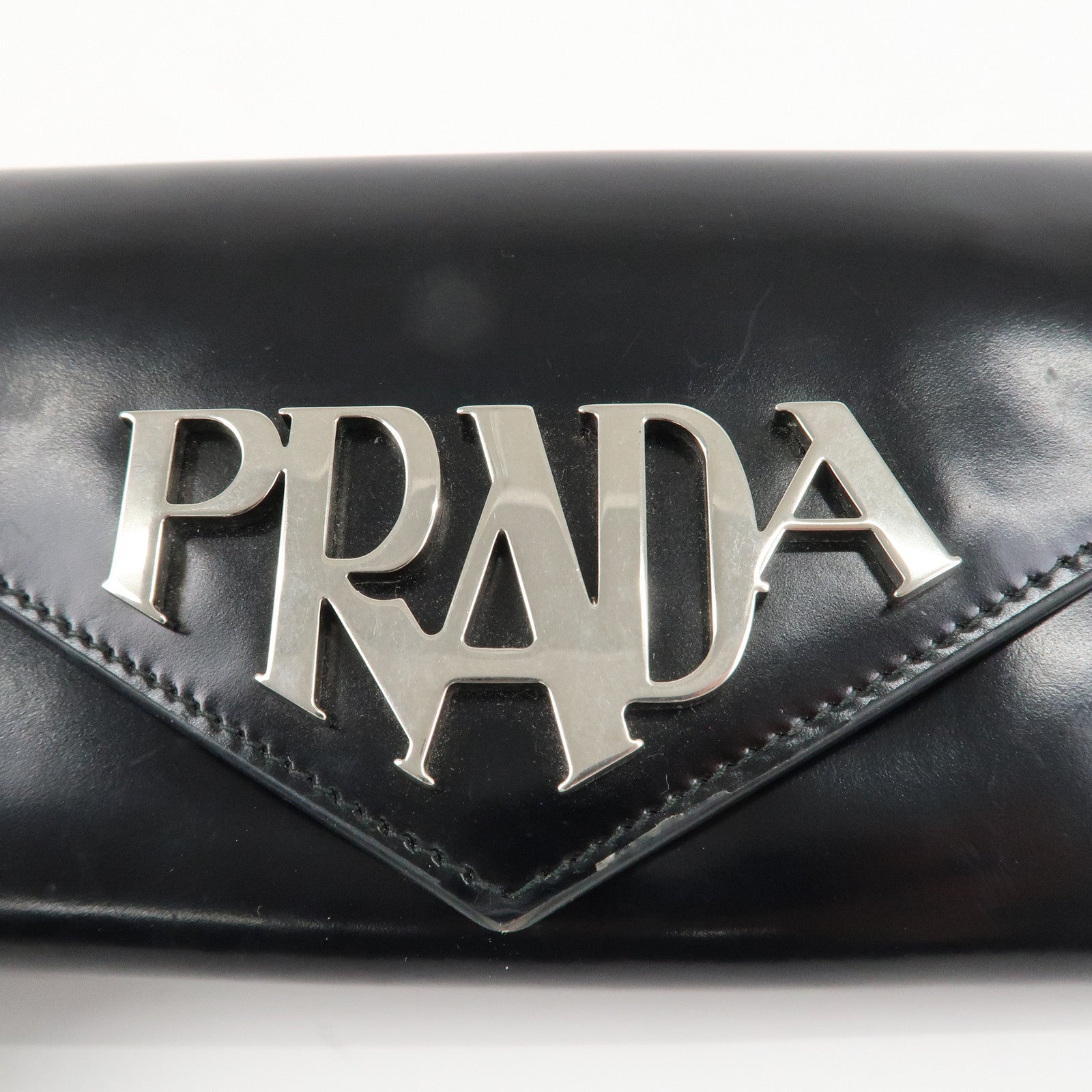 PRADA Leather Bi-Fold Long Wallet Black Silver Hardware 1MH037 Used