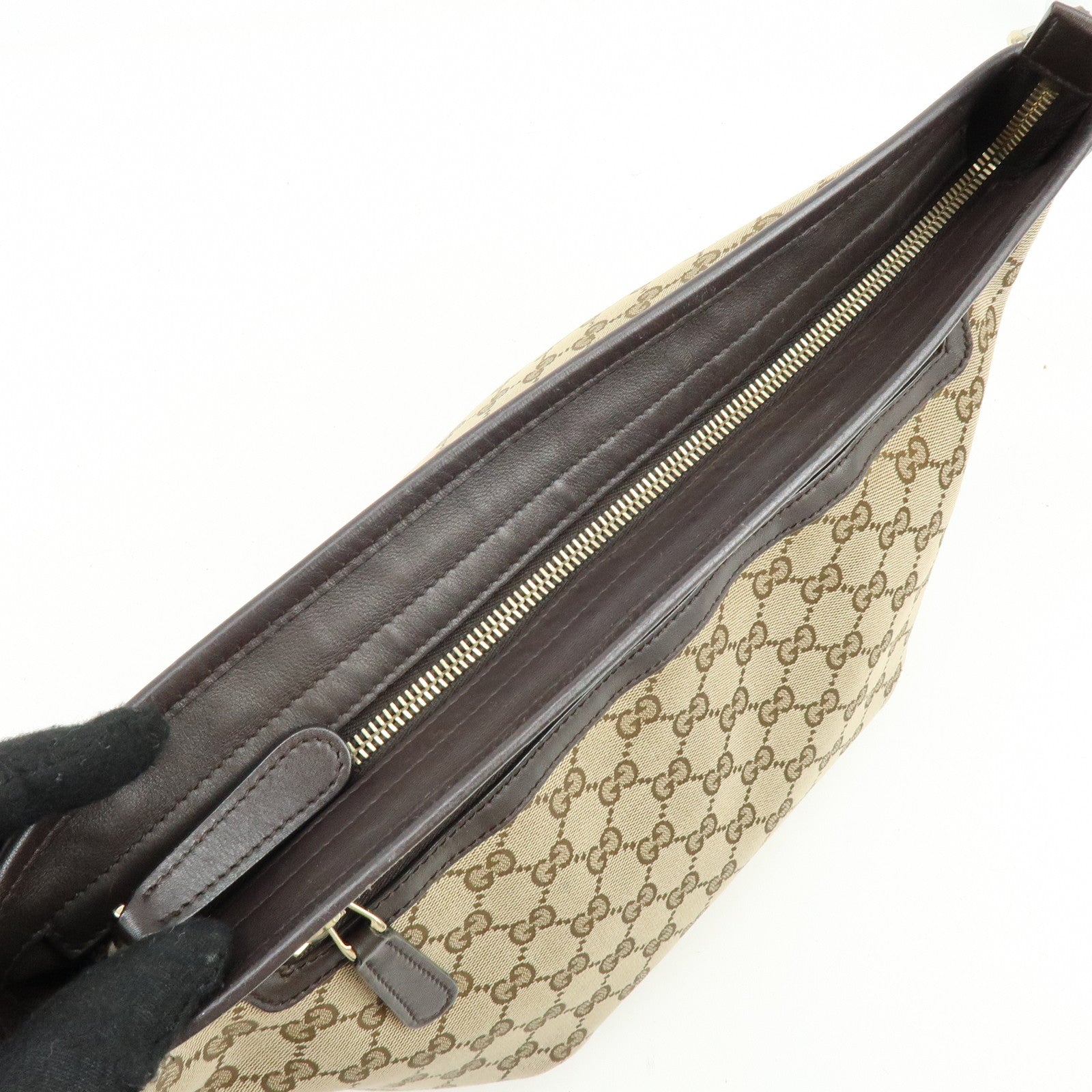 GUCCI GG Canvas Leather Shoulder Bag Beige Dark Brown 388930