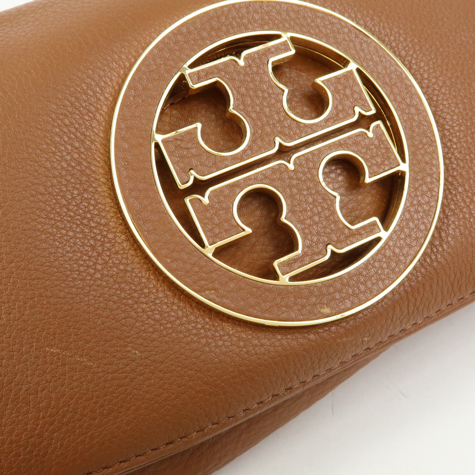 TORY BURCH Leather Flap Shoulder Bag Crossbody Bag Clutch Brown