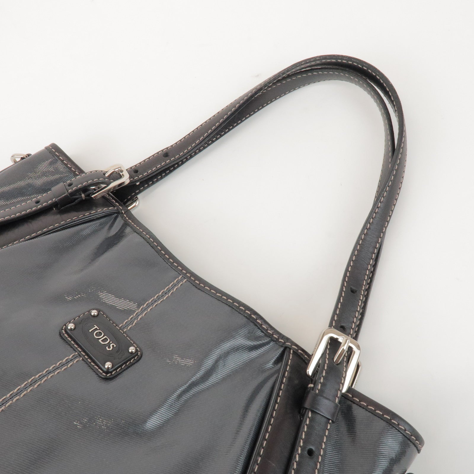TOD'S PVC Coated Canvas Leather Tote Bag Hand Bag Black