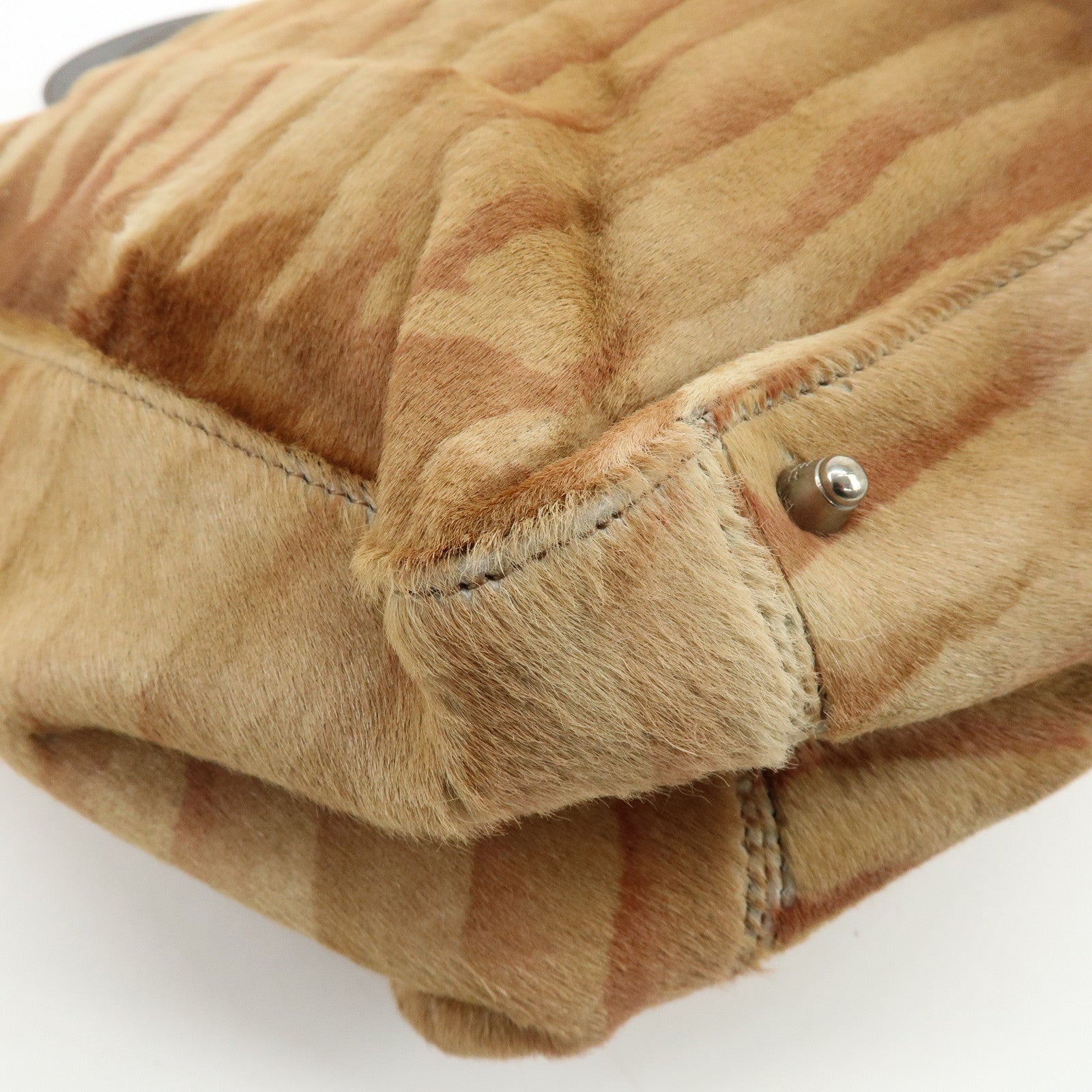 FENDI Calf Hair Leather Animal Pattern Tote Bag Hand Bag Brown