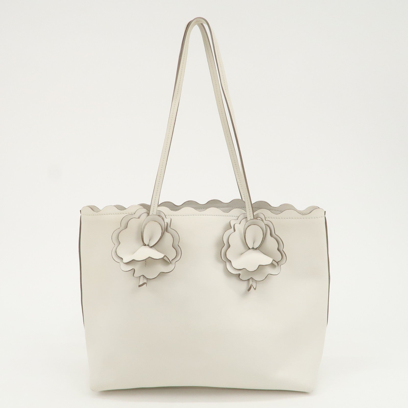 MIU MIU Leather Flower Tote Bag Hand Bag White 5BG054 Used