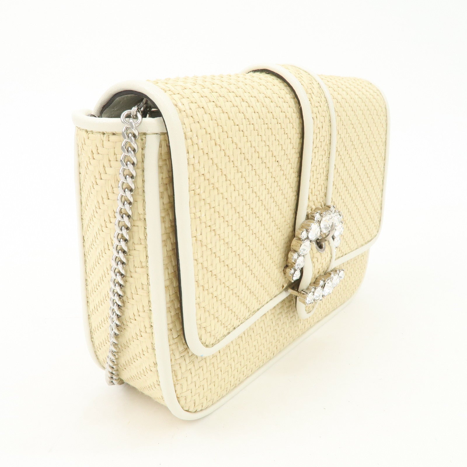 JIMMY CHOO Raffia Leather Mini Chain Shoulder Bag Beige Ivory