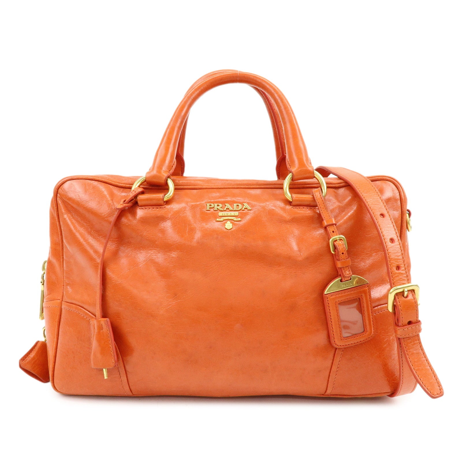 PRADA Logo Leather Boston Bag Hand Bag Shoulder Bag Orange BL0821