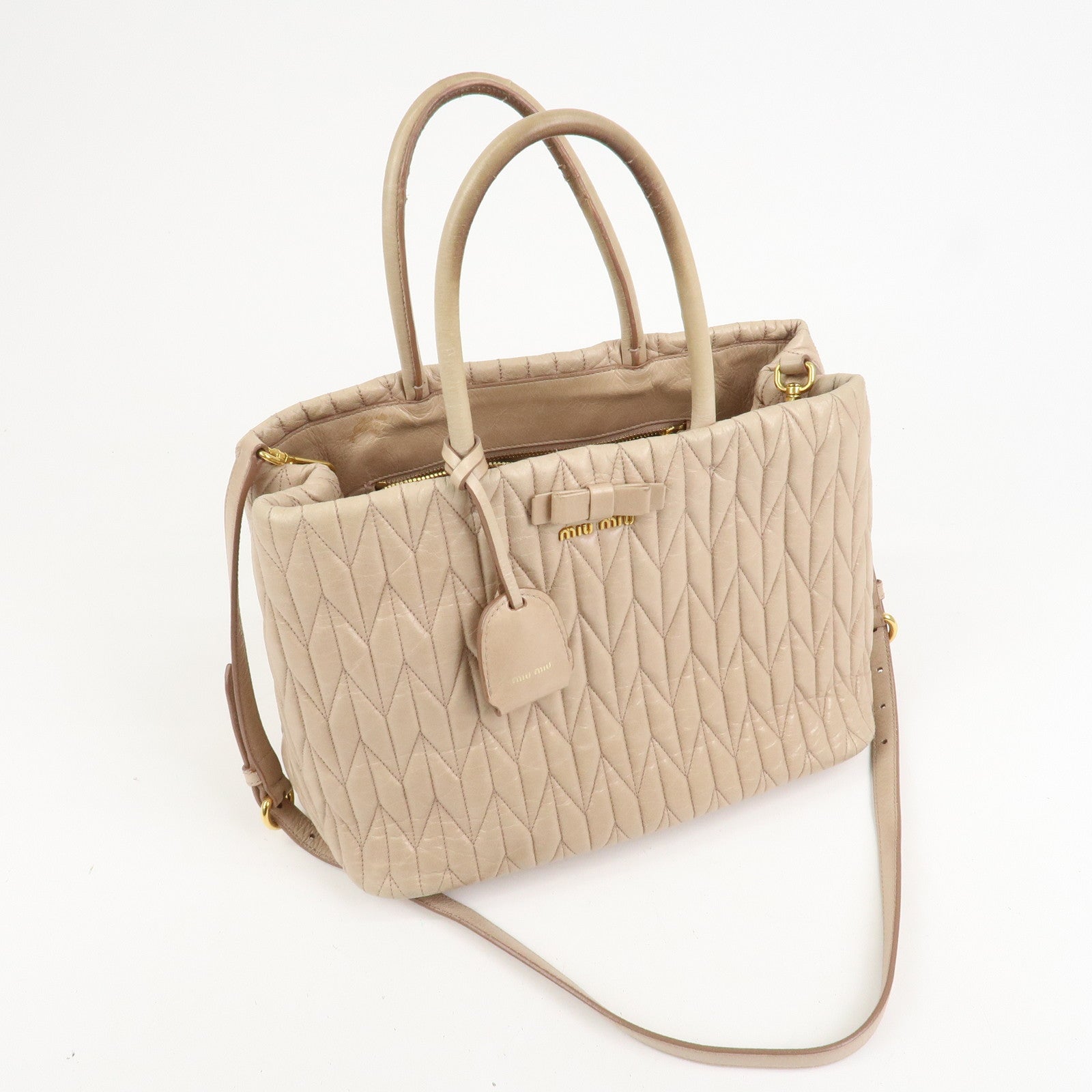 MIU MIU Leather Ribbon 2Way Shoulder Bag Hand Bag Tote Bag Beige RN1096