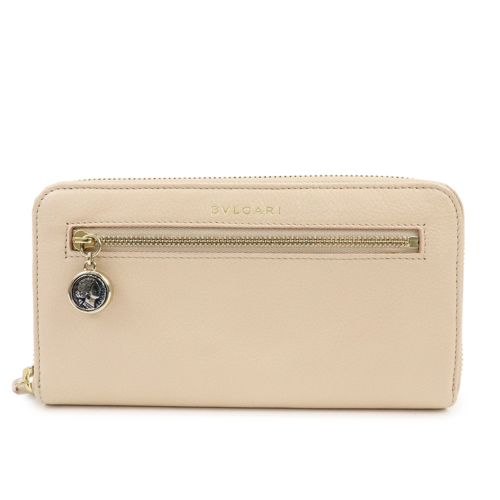BVLGARI Logo Leather Round Zippy Long Wallet Pink Beige