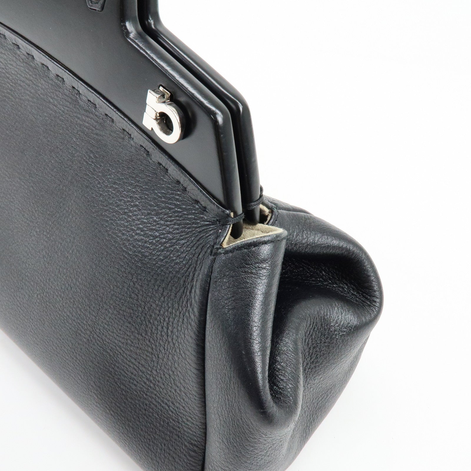 Ferragamo Gancini Leather Hand Bag Shoulder Bag Black