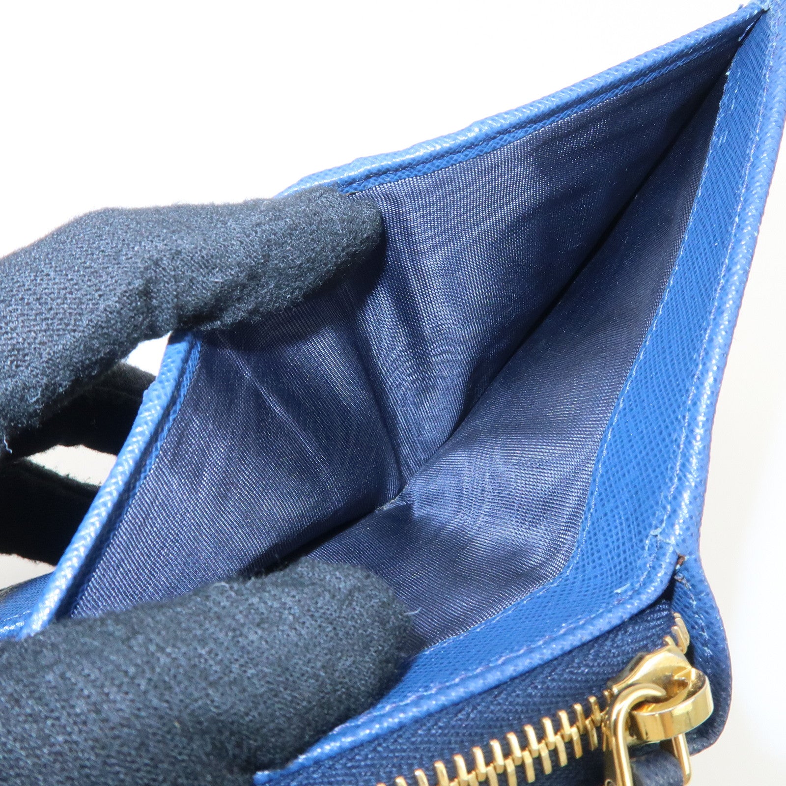 PRADA Logo Leather Round Zippy Bi-fold Wallet Blue 1ML522 Used