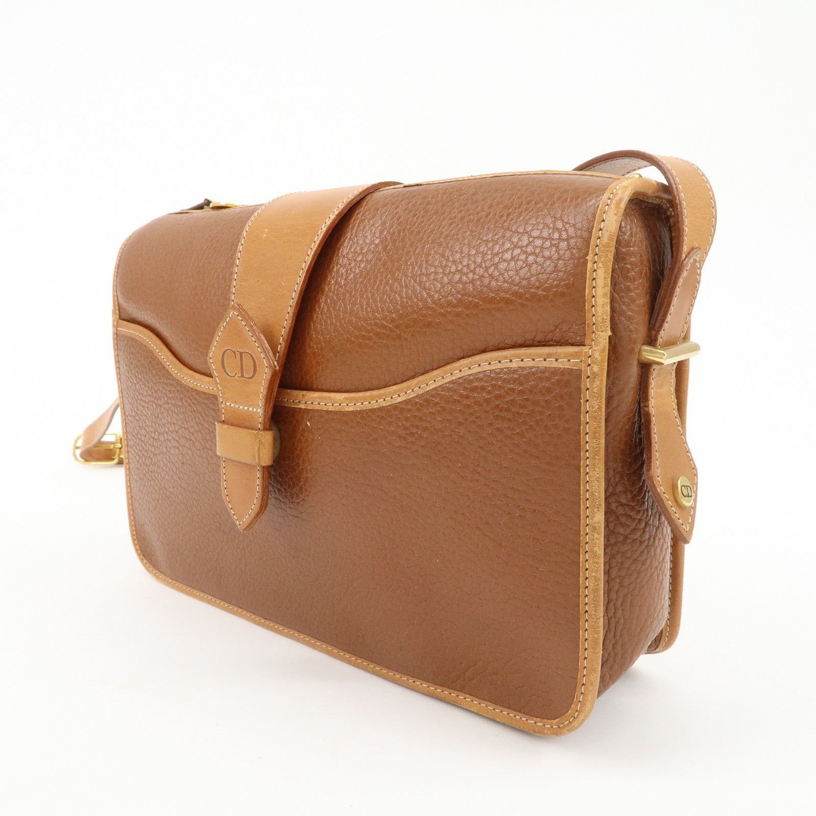 Christian Dior Logo Leather Shoulder Bag Brown Gold HDW