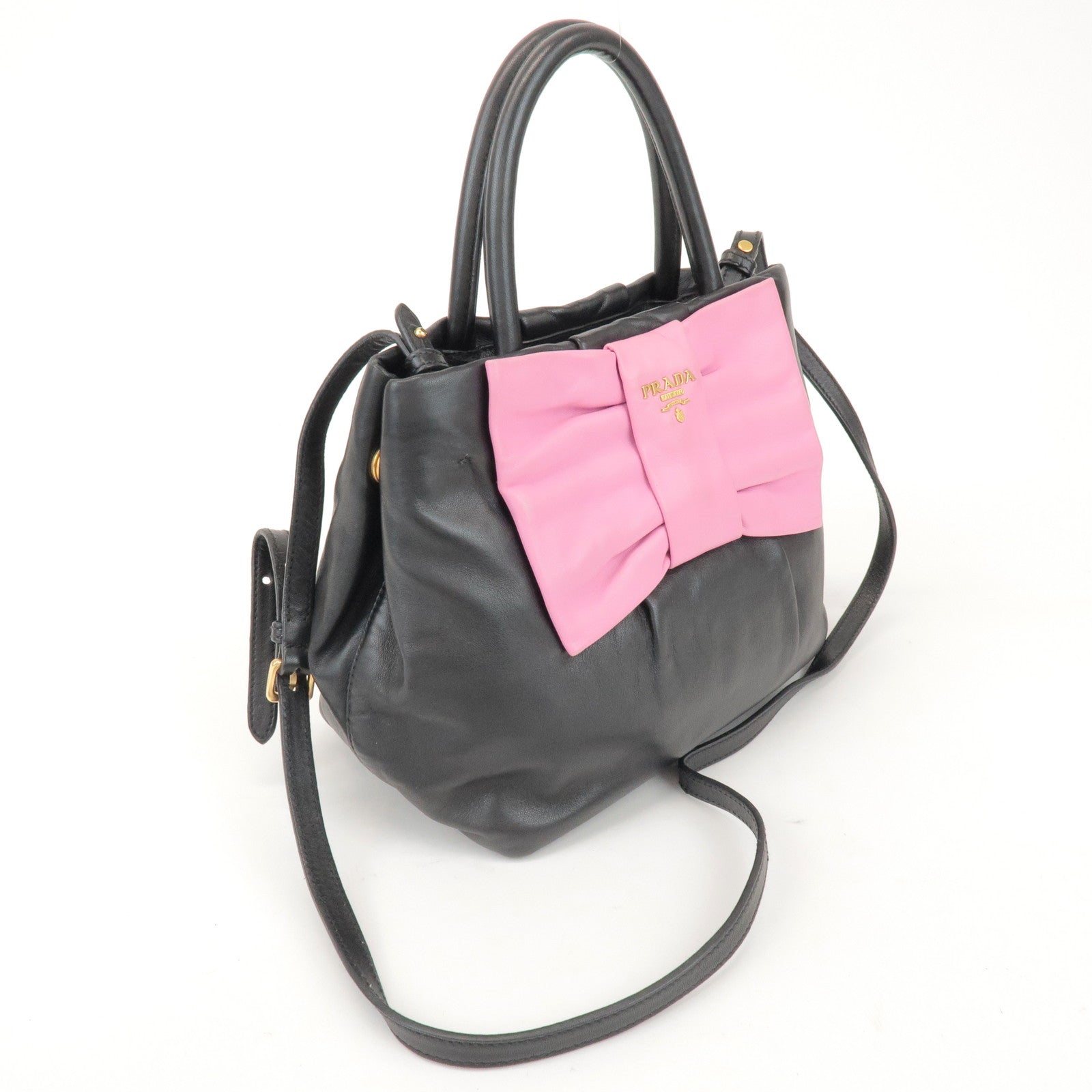 PRADA Logo Leather 2Way Hand Shoulder Bag Ribbon Black Pink BN1604