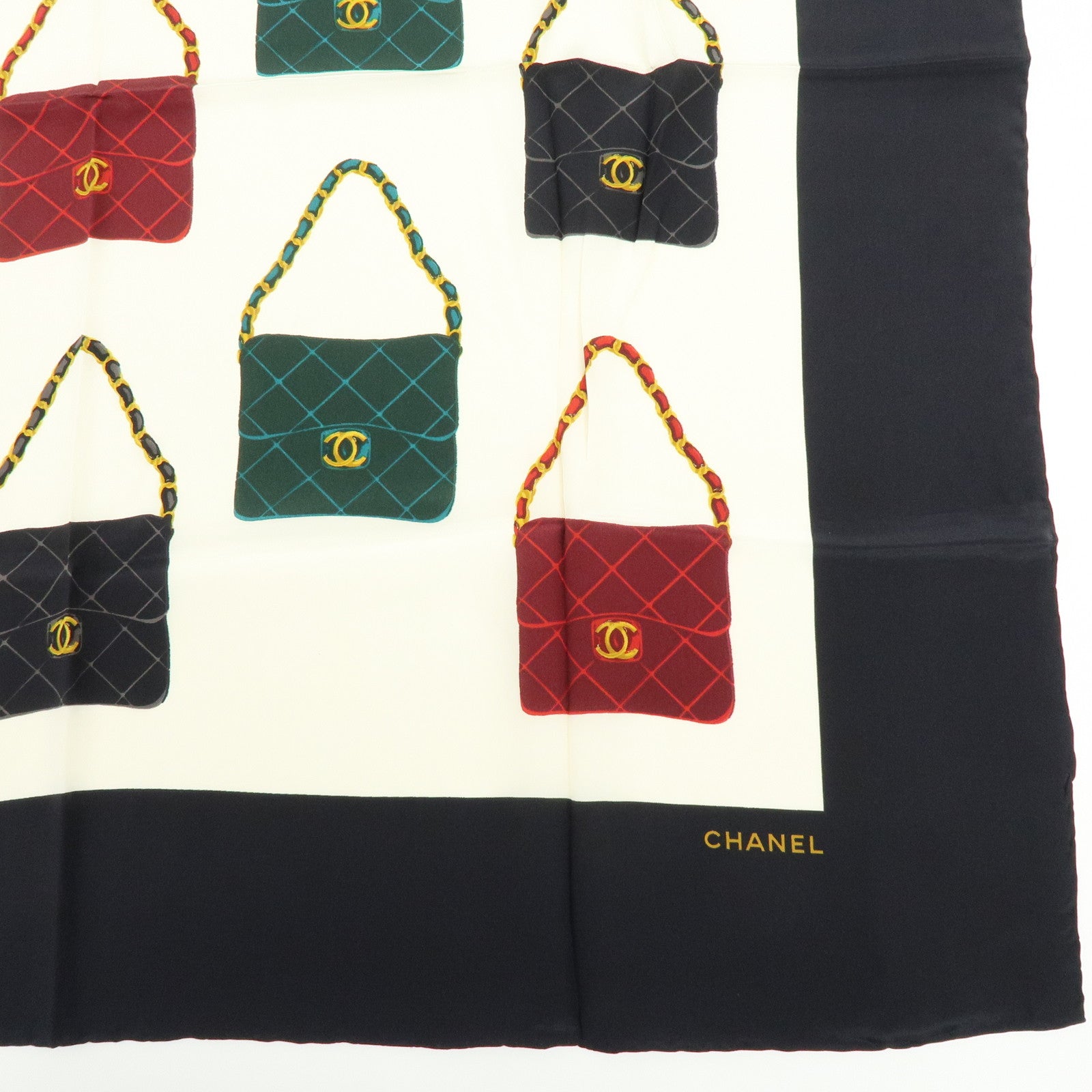 CHANEL Matelasse Silk 100% Scarf Black Green Gold